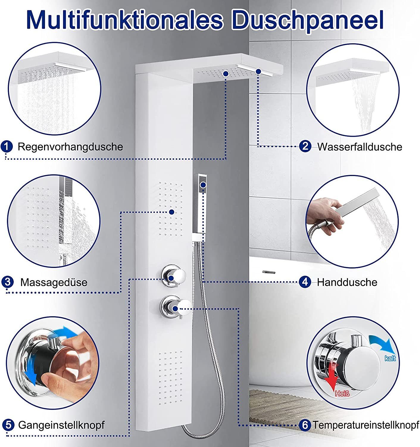 Weiß Duschsäule Duschpaneel AUFUN Edelstahl mit Duschsystem Duschsystem,