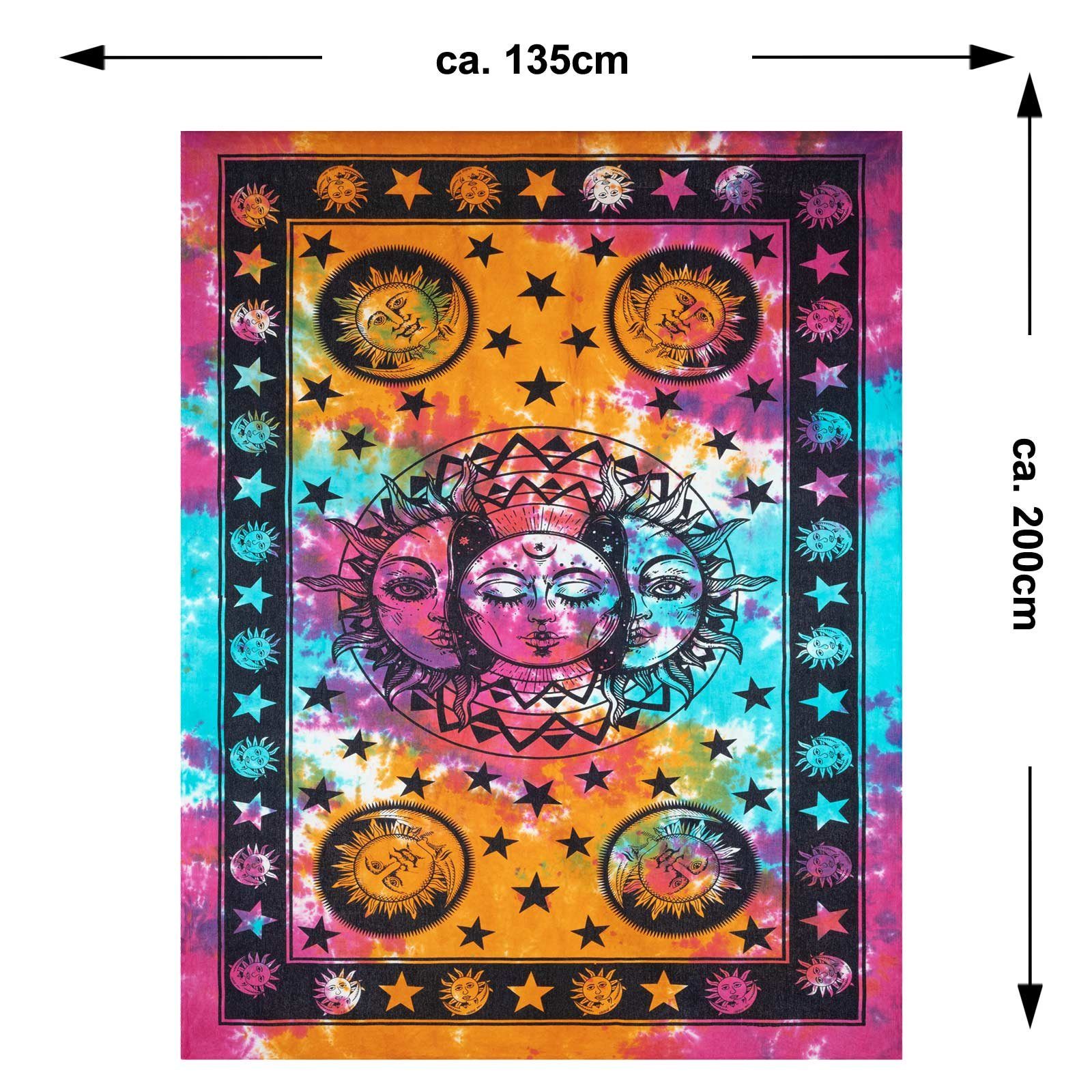 KUNST UND MAGIE Wandteppich Tagesdecke Wandbehang Bunt Sonne Mond und Sterne Hippie ca.200 x 140cm