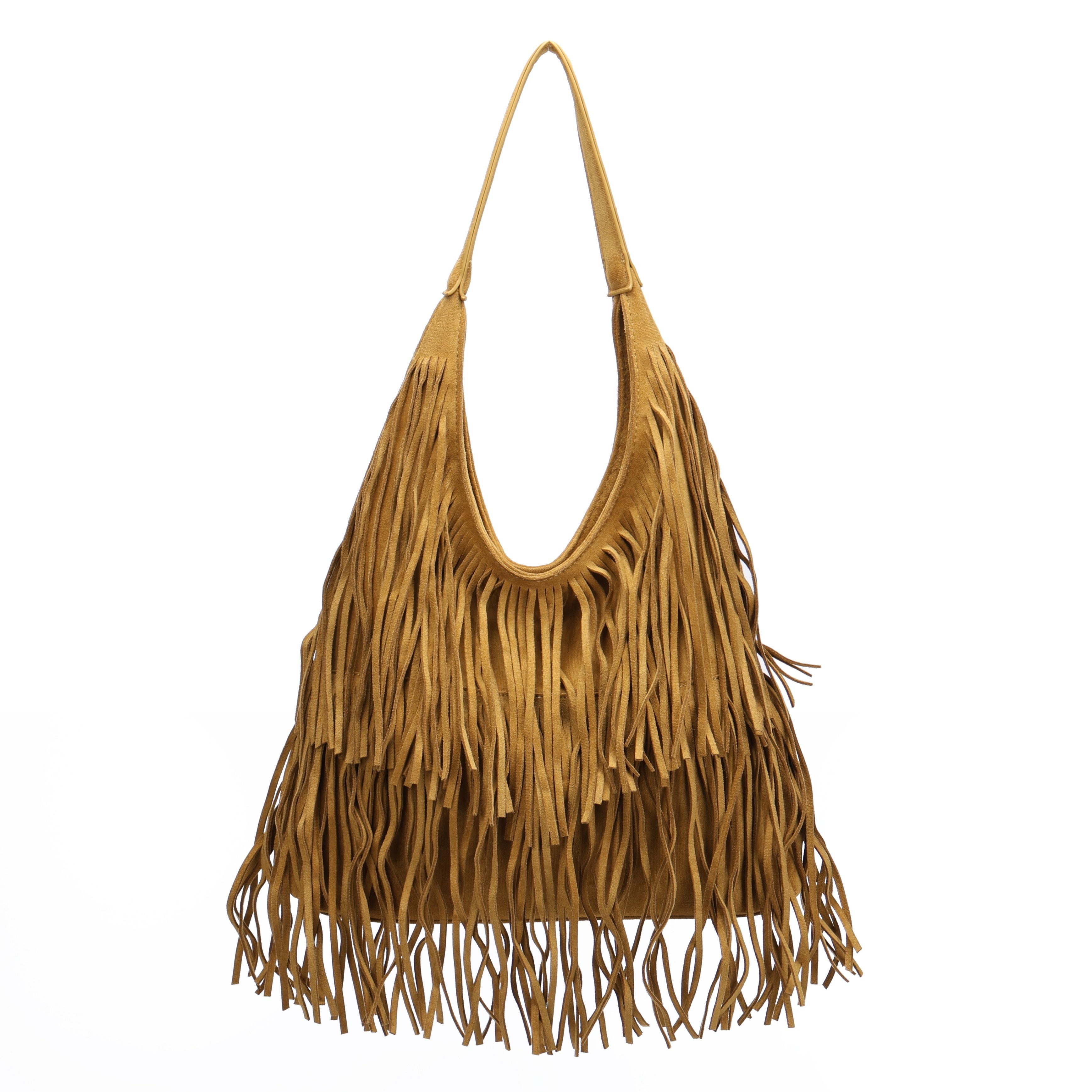 MIRROSI Shopper Damen Fransen Schultertasche Wildleder-Optik aus Polyester (Boho Hobo Bag mit Reißverschluss & Innenfach, ca. 39 x 12 x 33 cm), Neue Kollektion Herbst/Winter 2026