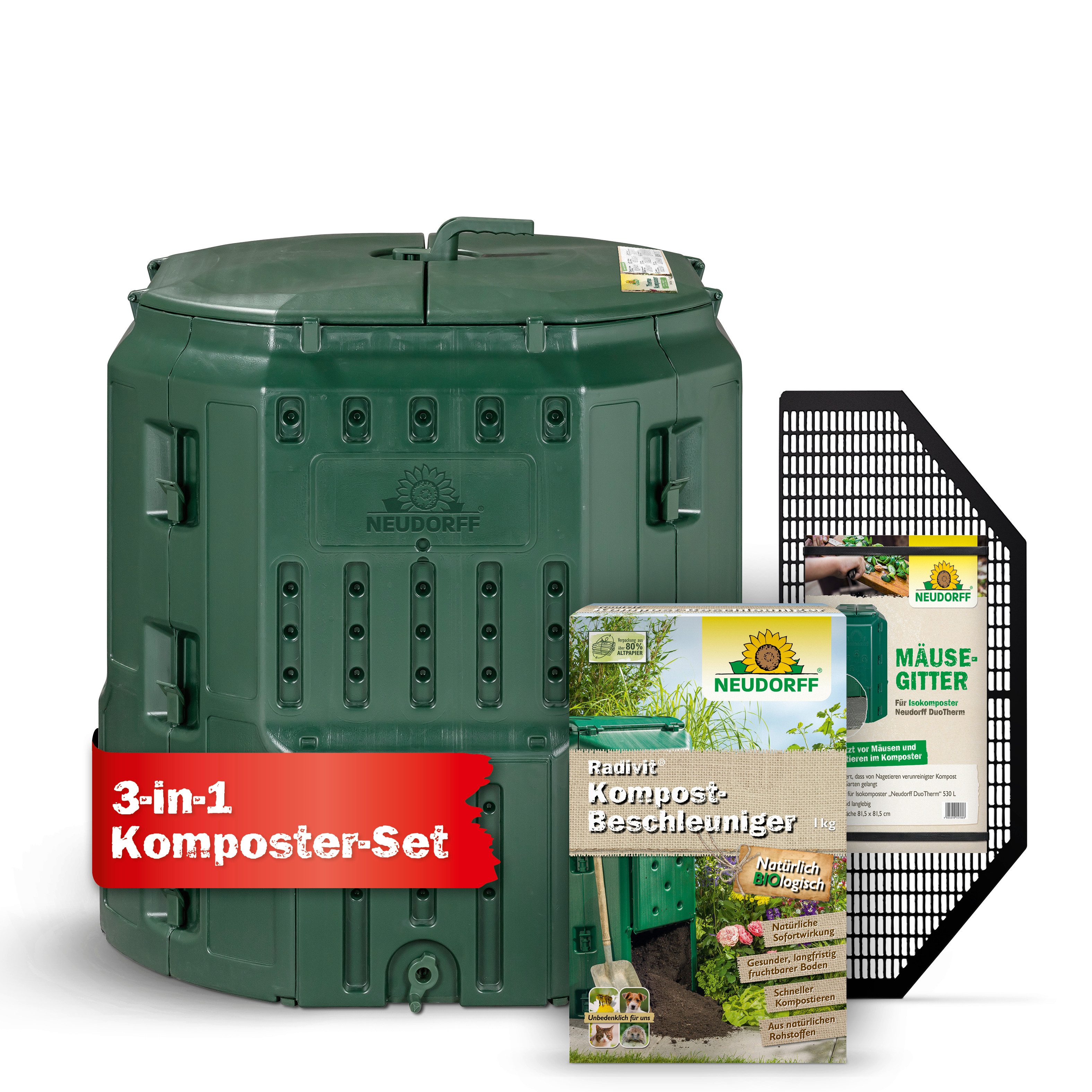 Neudorff Thermokomposter DuoTherm 530 Liter + Mäusegitter + Radivit 1 kg, (3-teiliges Komplett-Set, 3er Komplett-Set Thermokomposter + Mäusegitter + Kompost-Beschleuniger), Doppelwandiger Thermokomposter mit Mäusegitter und Komposthilfe