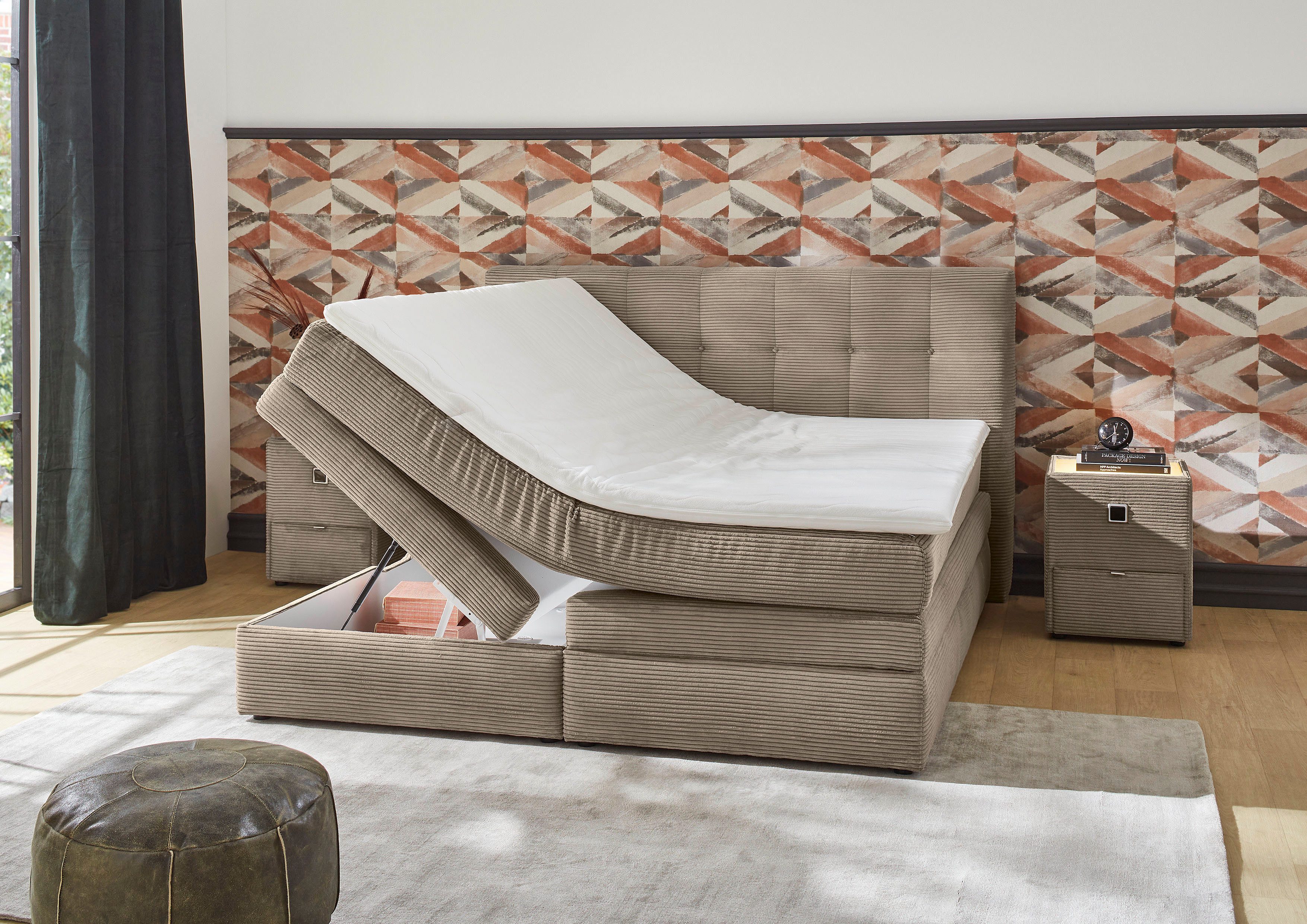 Jockenhöfer Gruppe Boxspringbett AMY in Cord, erhältlich in den Breiten 180cm & 200cm, mit Bettkasten & Kaltschaum-Topper