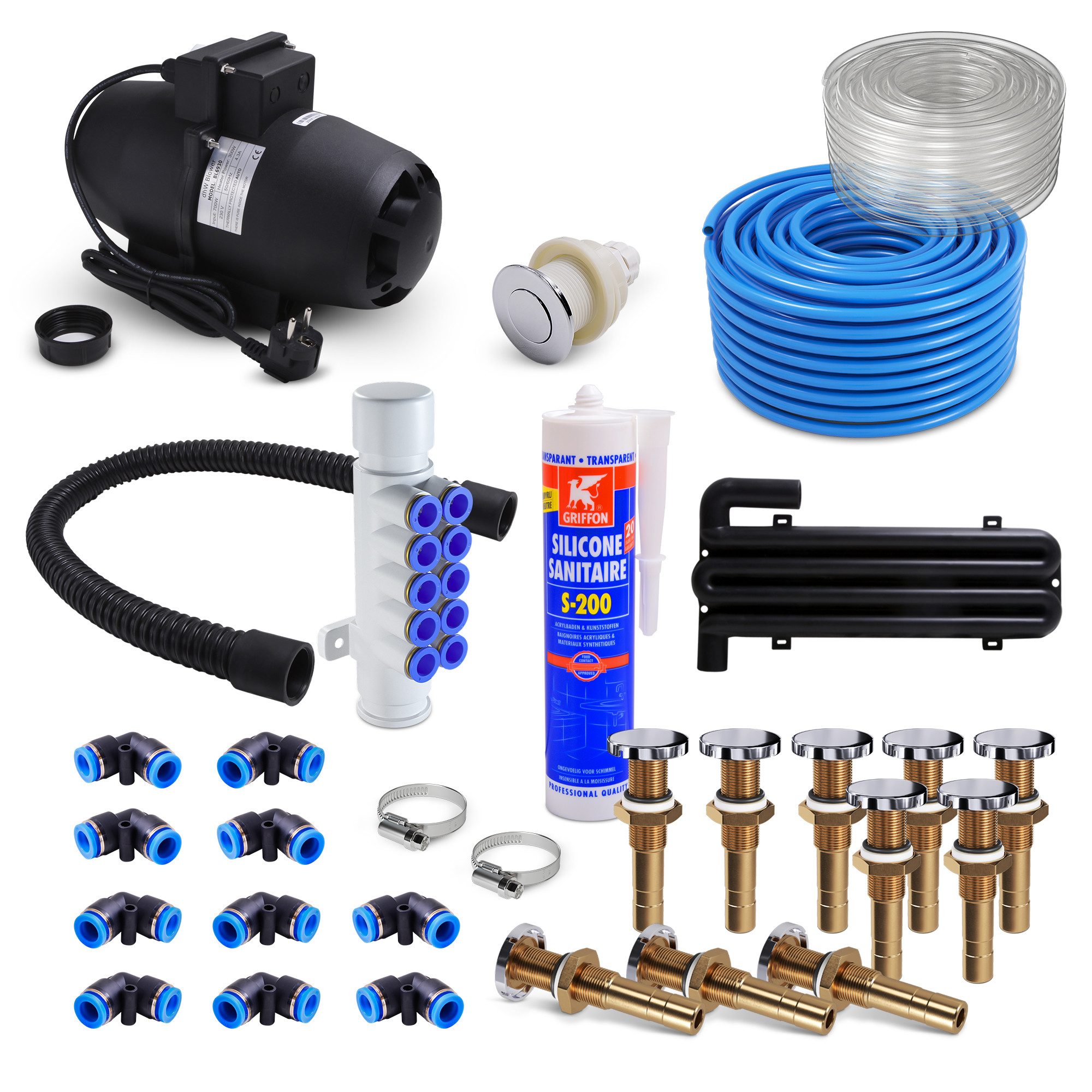 AQUADE Badewannenaufsatz Gebläse Set Bausatz Luftgebläse Airblower mit Airjets, für Whirlpool