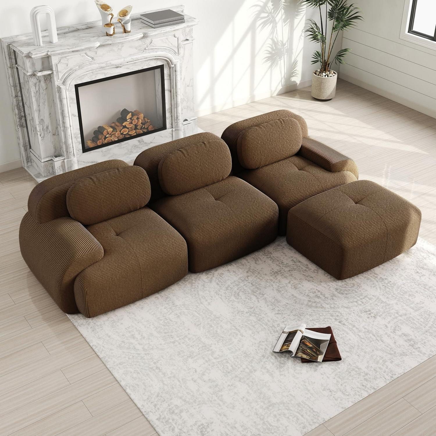 LuxusKollektion Ecksofa Sofa L Form Cordstoff Wohnzimmer Büro Braun E-(3 Sitzer +1 Hocker)