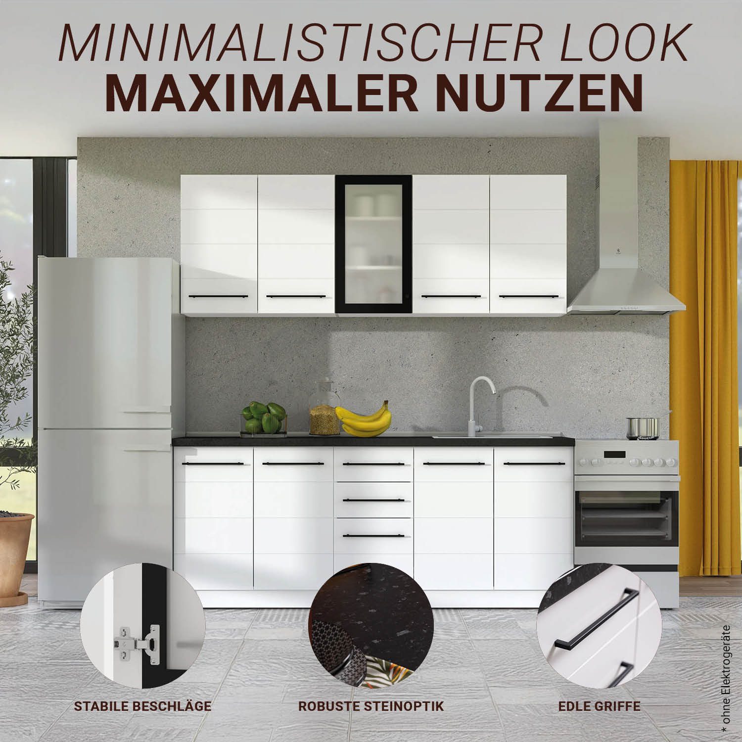 Homestyle4u Küchenzeile 200 cm ohne Geräte Singleküche Küchenschränke Weiß, (Oberschränke, Unterschränke), Küchenblock