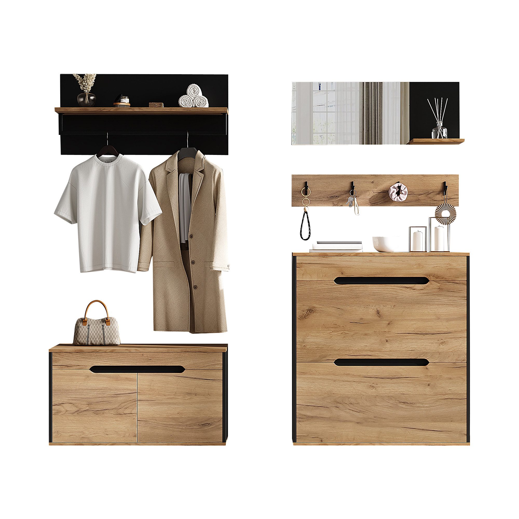 KLAM HOME Garderoben-Set Modulares Garderoben-Set Schwarz-Holzoptik mit Spiegel & Schuhbank, (Kombinierbare multifunktionale Flurgarderobe mit 2 Klapp-Schuhschränken), Komplette Eingangsgarderobe 156x36x176cm aus MDF und Spanplatten