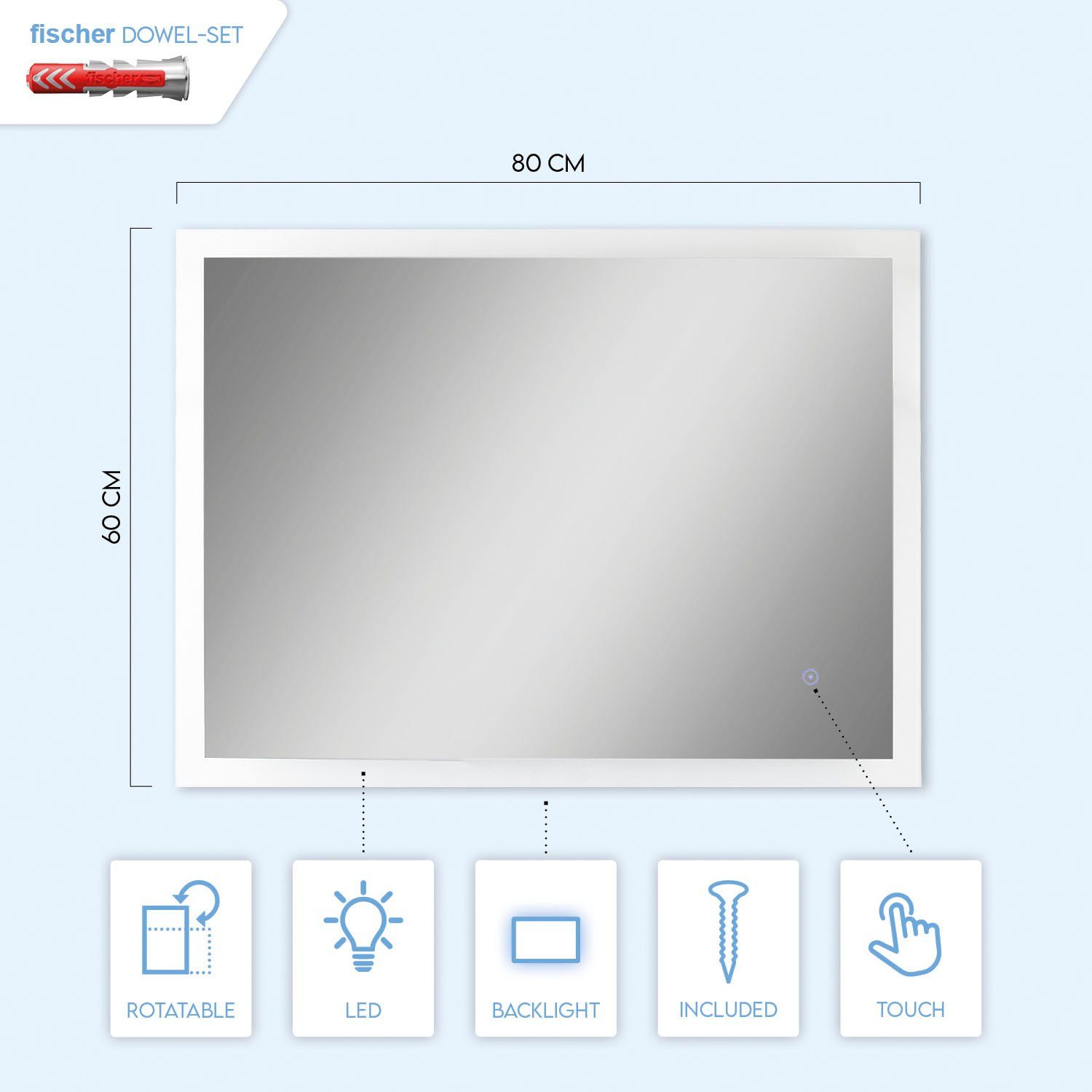 LED Wandspiegel Touch-Schalter fest 4000 Beleuchteter Wandleuchte integriert, Home K Paco Neutralweiß, Spiegel LED BECKY,