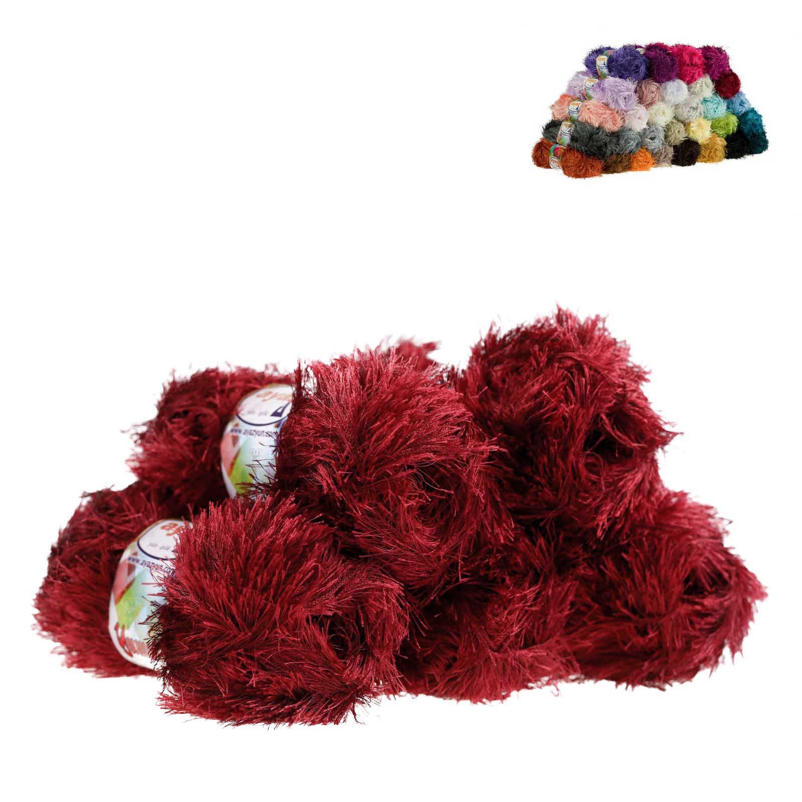AYAZ Fransen-Strickgarn Yumos 5 Knäuel à 150 m 100 g Strickwolle Häkelwolle, 5 m (Paket, 5-St), 2175 karminrot