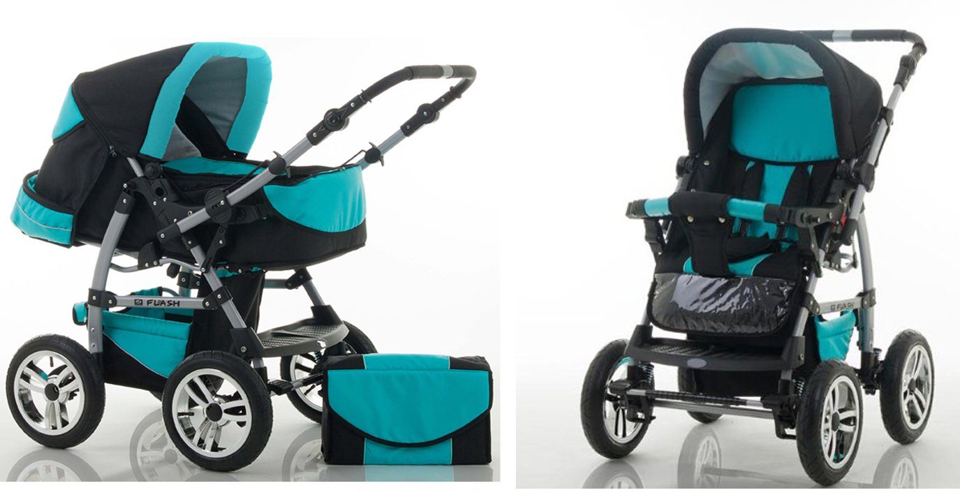 babies-on-wheels Kombi-Kinderwagen Autositz inkl. in - - 18 Farben 1 Kinderwagen-Set Teile 5 Flash in 17 Schwarz-Türkis
