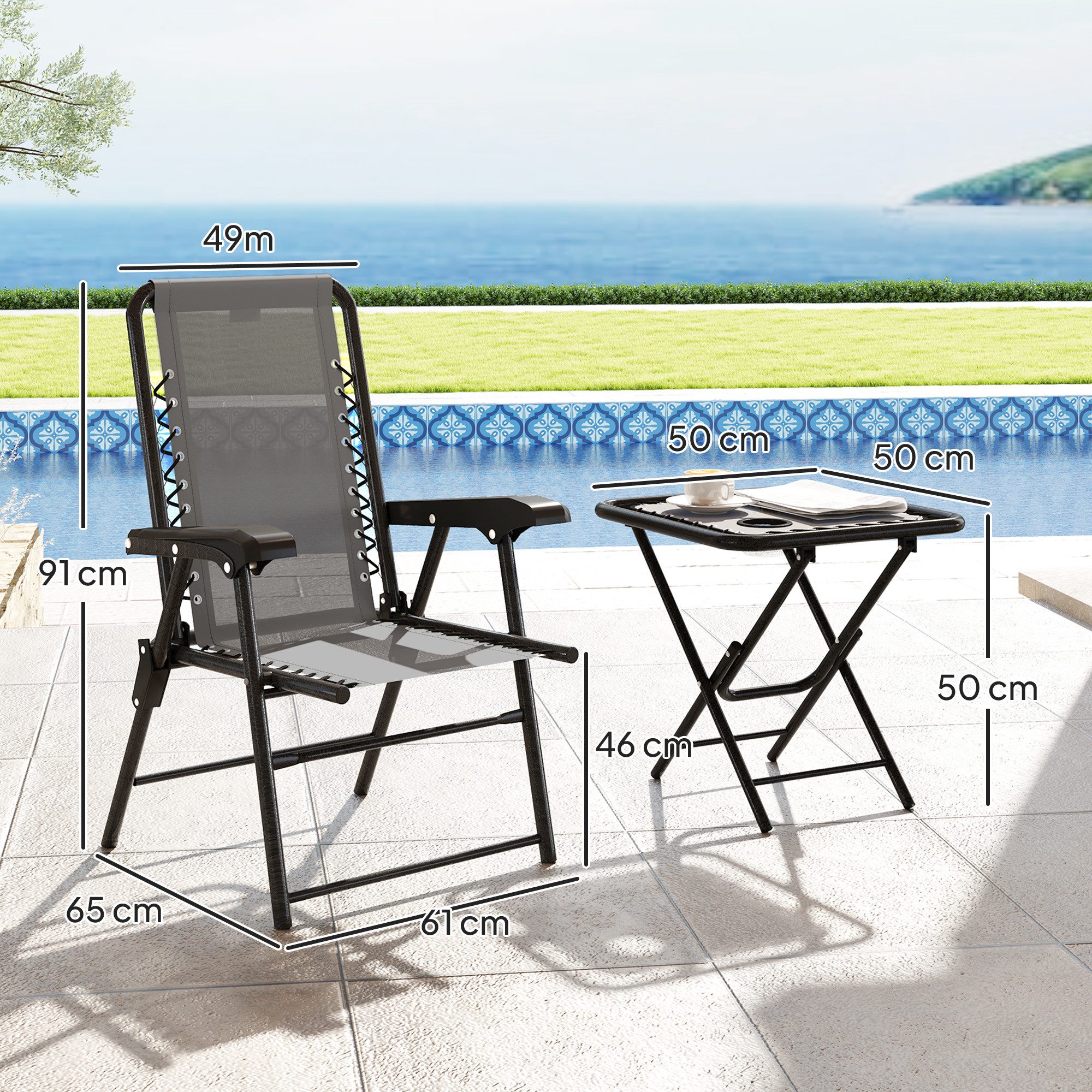 Outsunny Balkonset mit klappbar Bistrotisch, Becherhalter, Gartenstühlen, (Bistro Set, 3-tlg., Gartenmöbel Set), Dunkelgrau