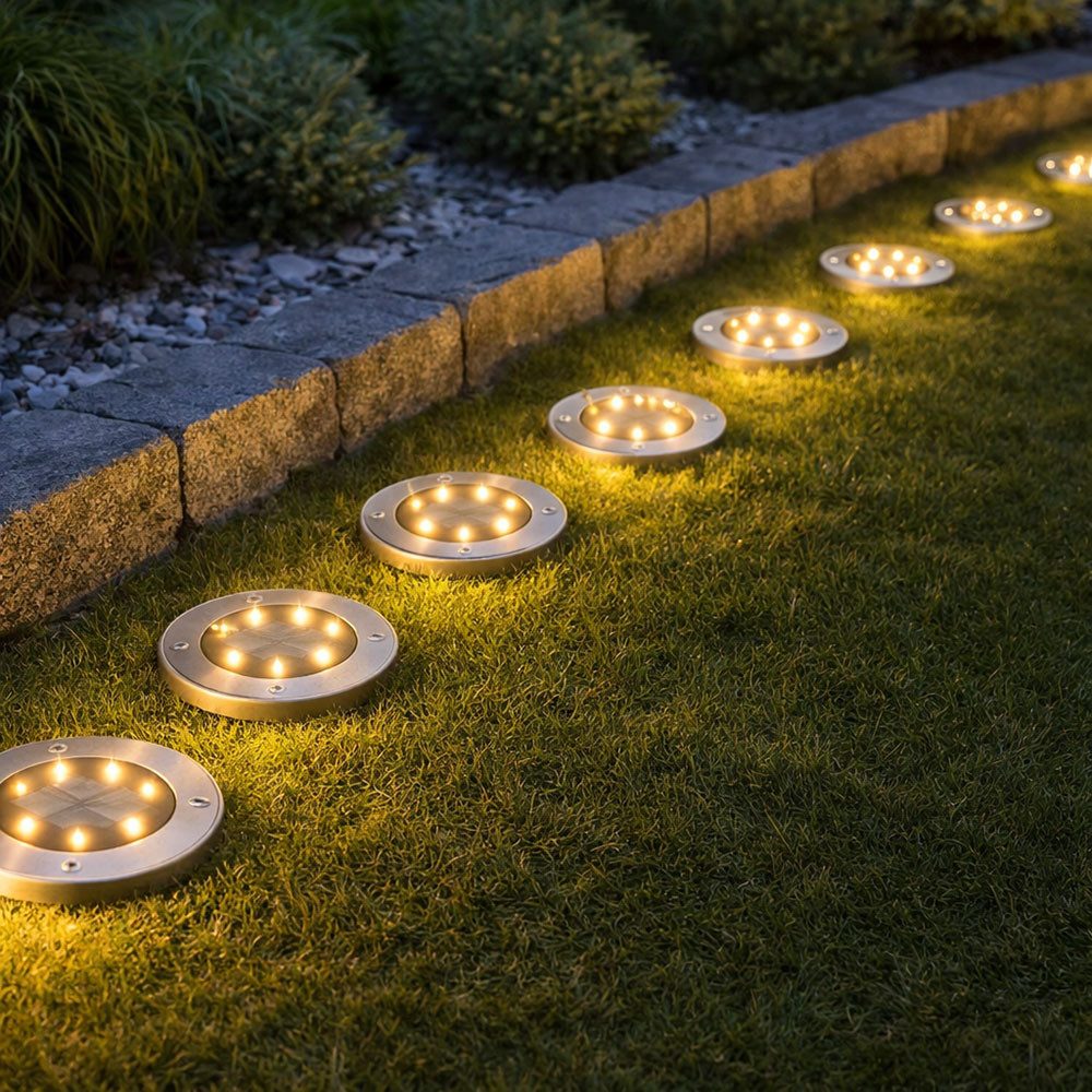 Haushalt International LED Solarleuchte, LED-Leuchtmittel fest verbaut, Warmweiß, 8x Solarlampe Steckleuchte Bodenstrahler Außenlampe LED silber D 12 cm