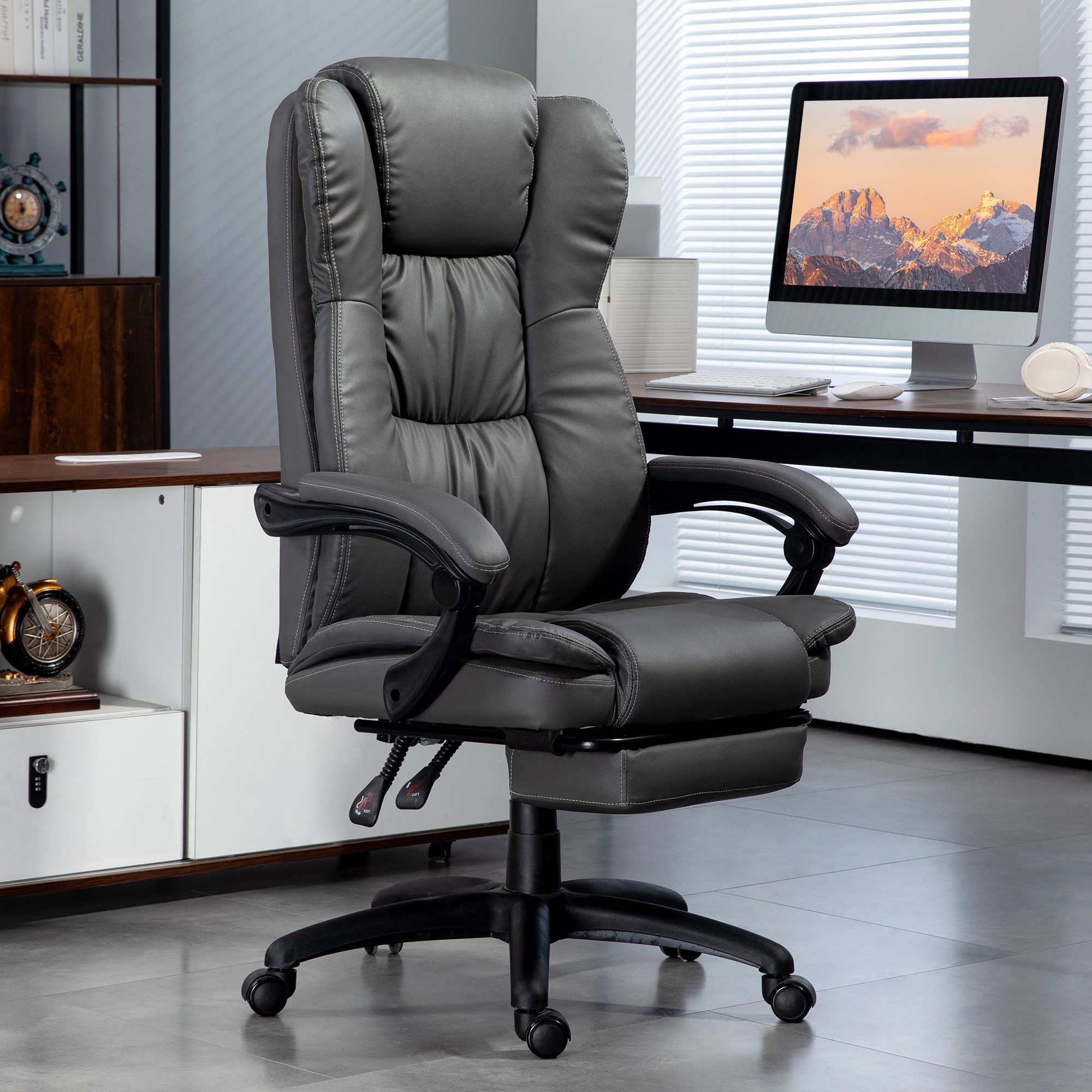 Vinsetto Schreibtischstuhl Bürostuhl mit Massagefunktion und Liegefunktion, Computerstuhl (Ergonomischer Stuhl mit Fußstütze, 1 St), Kunstleder Dunkelgrau