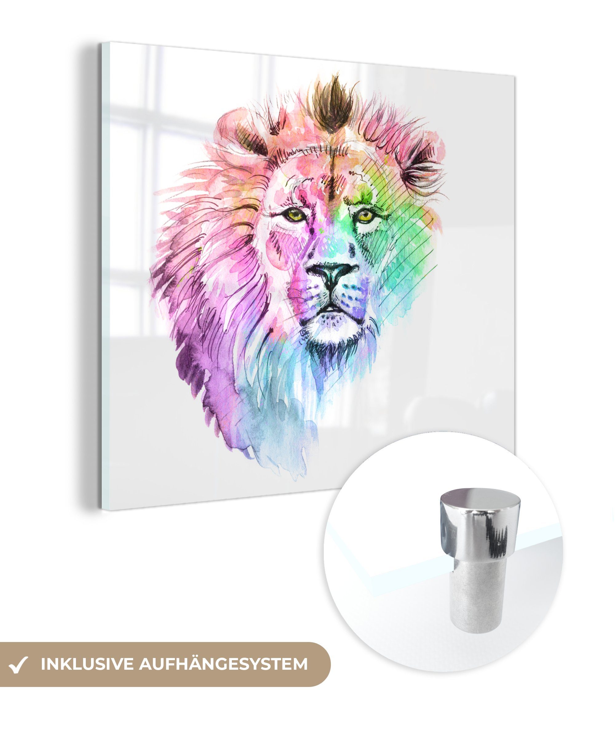 MuchoWow Acrylglasbild Löwen - Illustration - Farben, (1 St), Glasbilder - Bilder auf Glas Wandbild - Foto auf Glas - Wanddekoration | Bilder