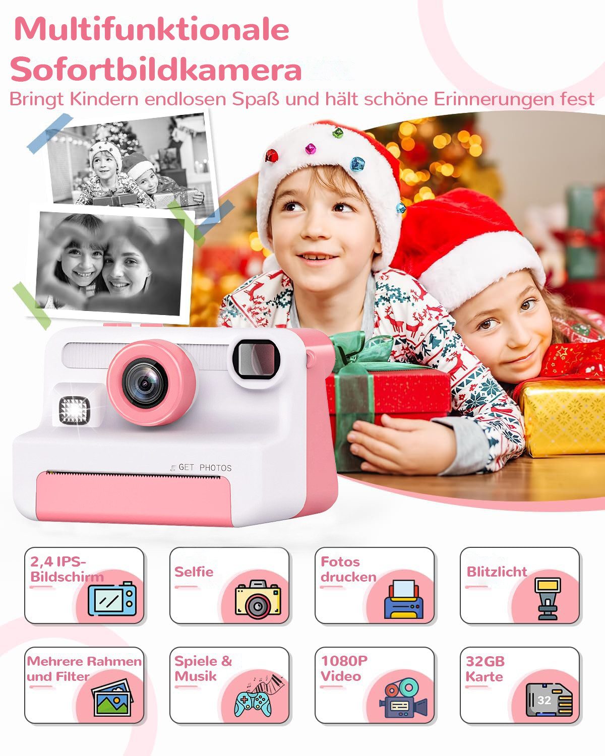 FOSMET Kinderkamera Sofortbildkamera,1080P 2,4" Display Digitalkamera Kinder Kinderkamera (30 MP, 8x opt. Zoom, inkl. Lustige Kinderspielzeug Geschenke für Jungen & Mädchen von 3-12 Jahren, 30MP Sofortbildkamera Kinder mit 32GB Karte & 3 Rollen Druckpapier)