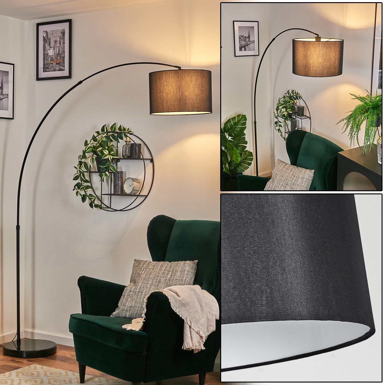 hofstein Bogenlampe Stehlampe mit Marmorfuß aus Metall/Stoff in Schwarz/Weiß, verstellbare Stehleuchte im modernen Design, Ø 38 cm, Fußschalter, E27