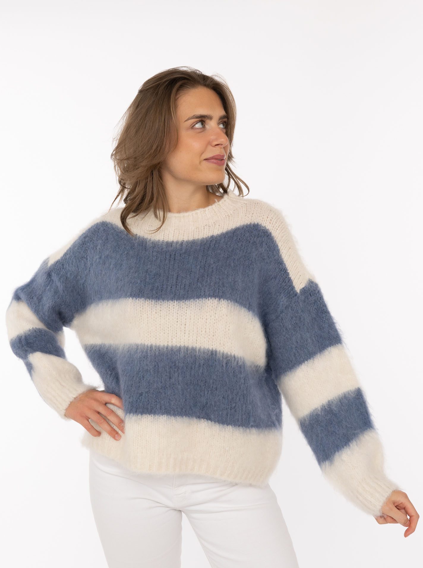 Zwillingsherz Strickpullover "Streifen" kuschelig mit Rundhalsausschnitt, Blockstreifen und Wollanteil