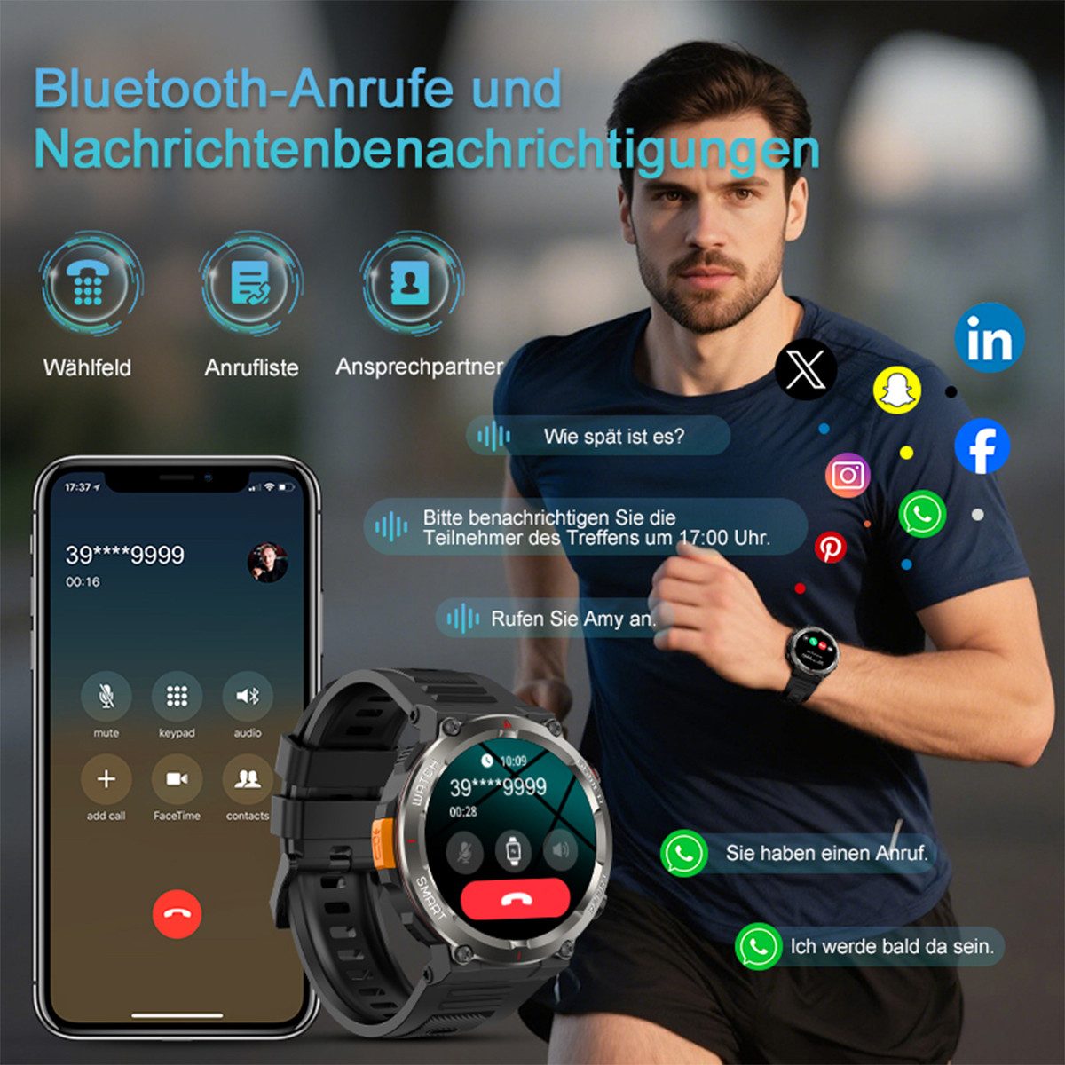 blackview Militärische Smartwatch für Herren mit Telefonfunktion, 960 mAh Akku Smartwatch (1.45 Zoll, iOS/Android), 1× Silikonarmband 1× Geflochtenes Armband 1× Magnetisches Ladekabel, 30 Tage Akkulaufzeit, LED-Taschenlampe, Kompass,150+ Sportmodi,IP68