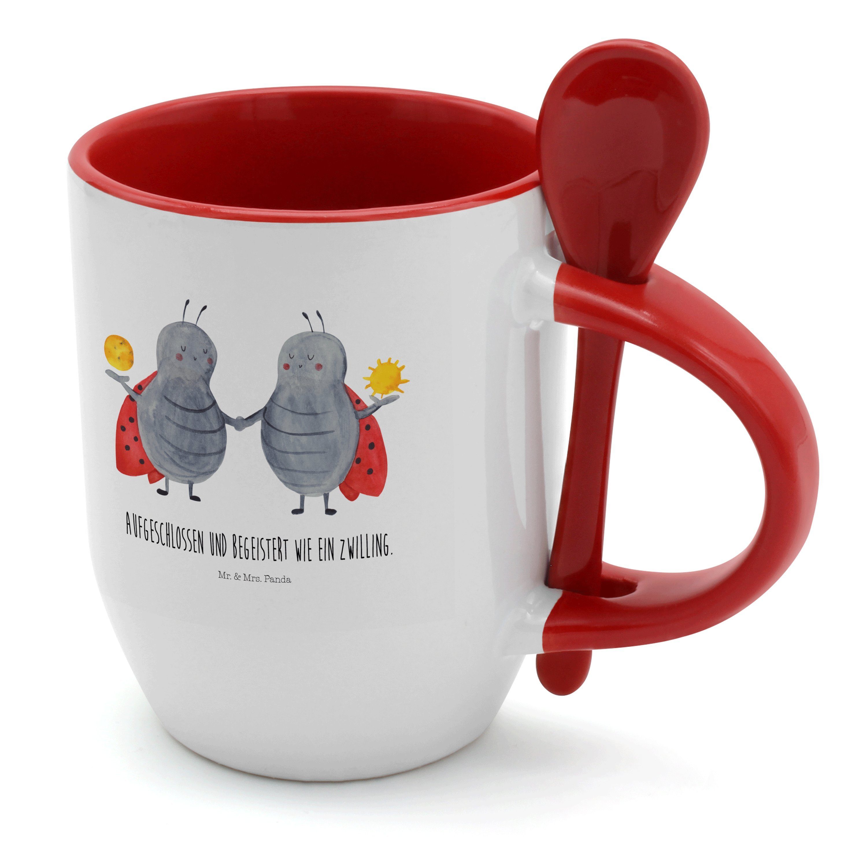 Mr. & Mrs. Panda Tasse Sternzeichen Zwilling - Weiß - Geschenk, Tasse mit Löffel, Glückskäfe, Keramik