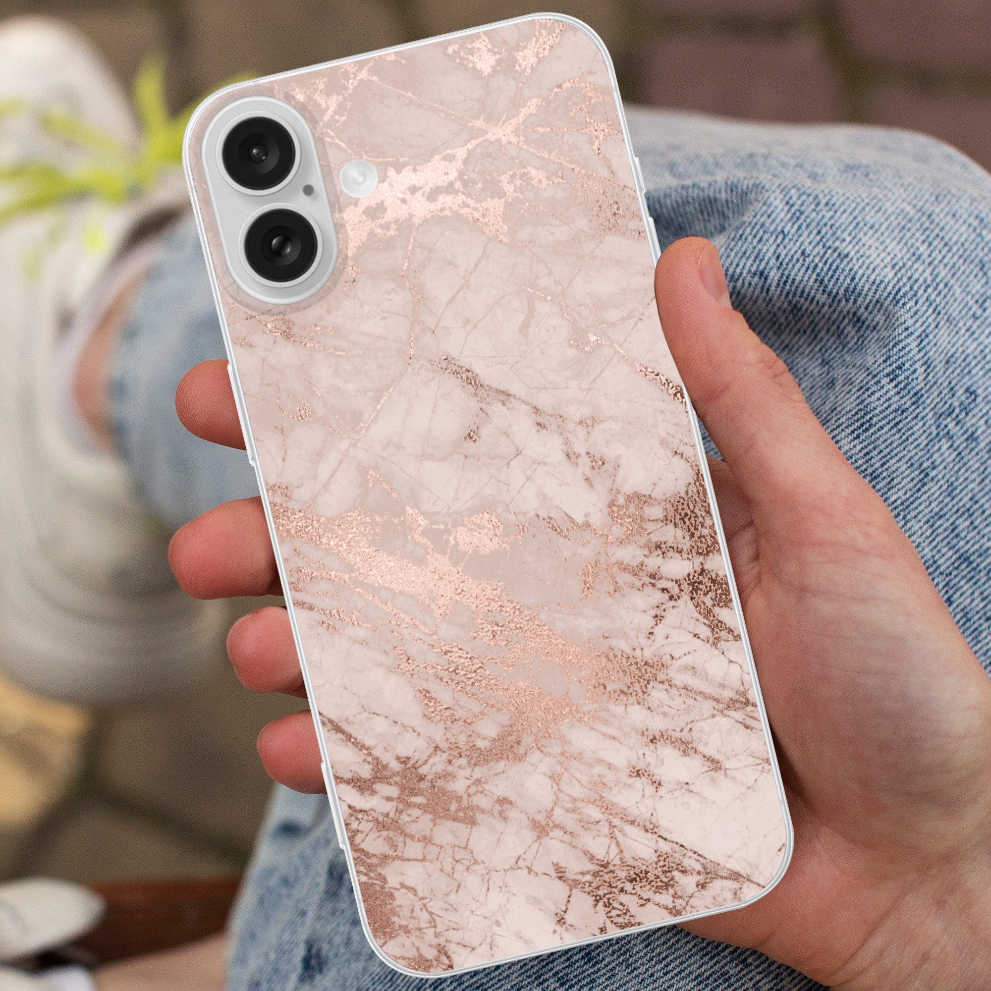 MuchoWow Handyhülle für Apple iPhone 16 Plus Marmor - Rosa - Luxus - Marmoroptik - Glitzer, Smartphone-Bumper, Print, Handy Schutzhülle Dünn
