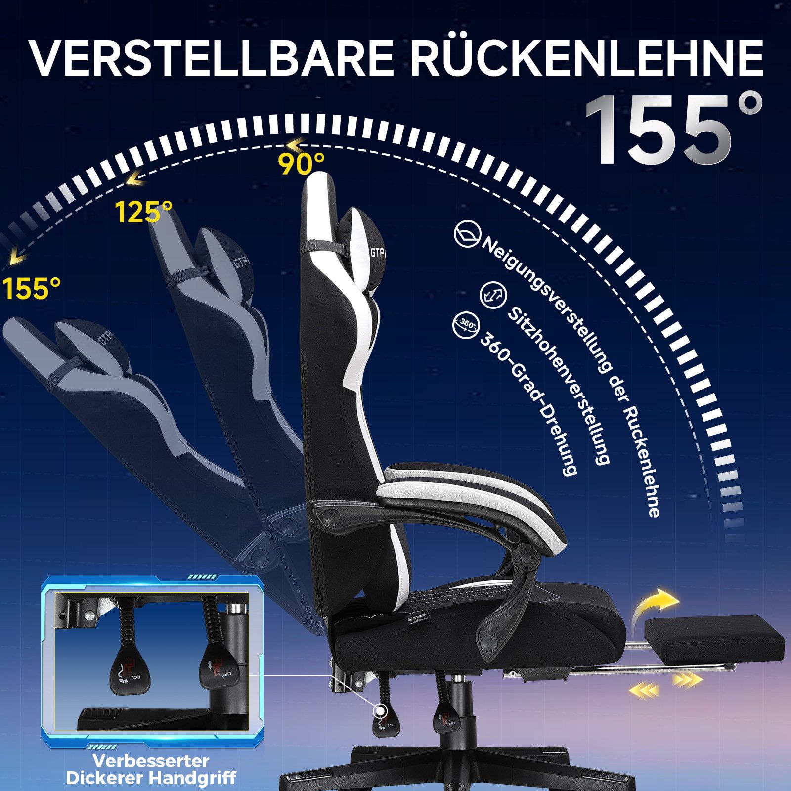 GTPLAYER Gaming-Stuhl Stoff Gaming Chair Ergonomisch Bürostuh PC Stuhl, 150kg Belastbarkeit, Schreibtischstuh mit Federsitzkissen und Fußstütze – Bild 4 von 5