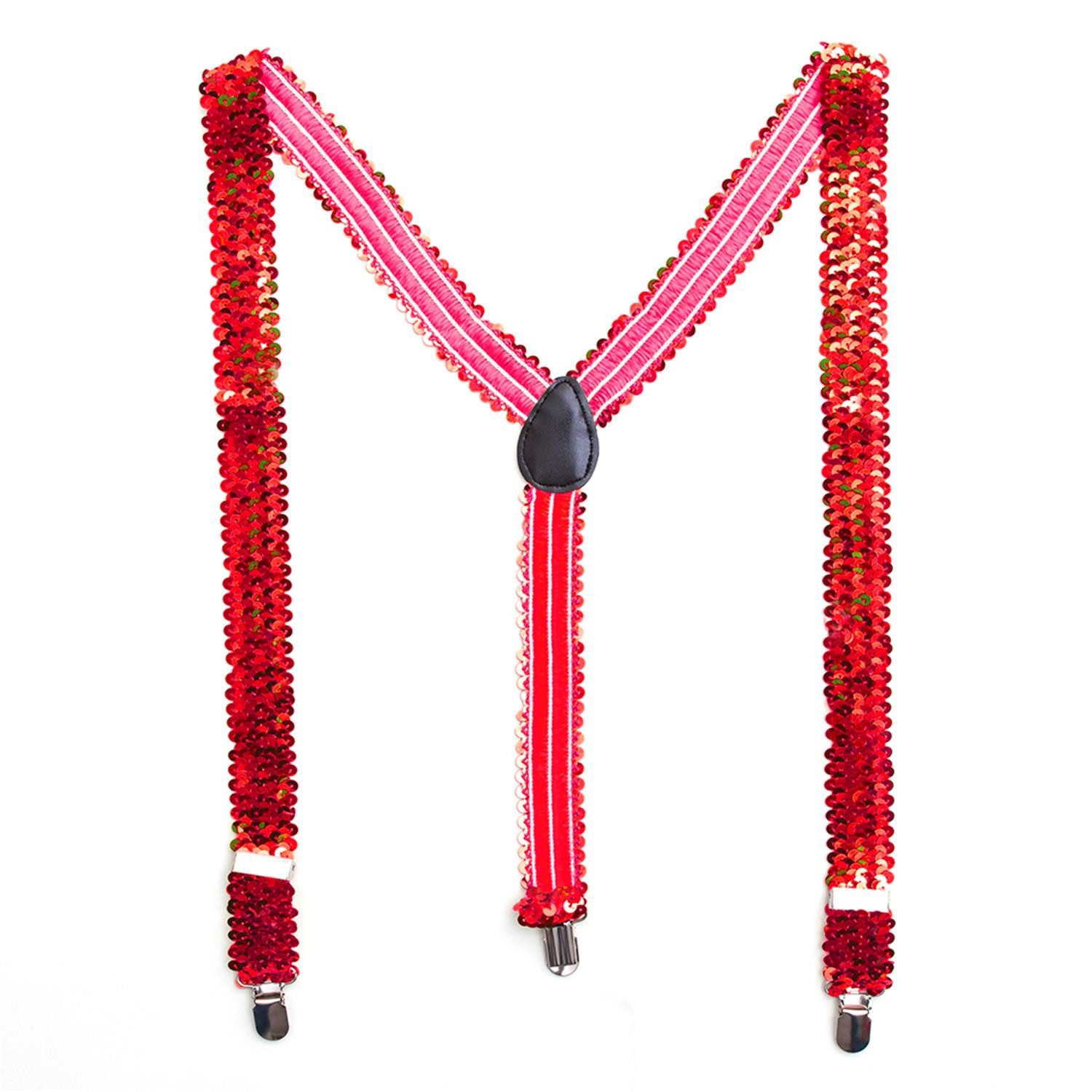 Party Factory Kostüm Pailletten-Hosenträger rot, mit glitzernden Pailletten versetzt