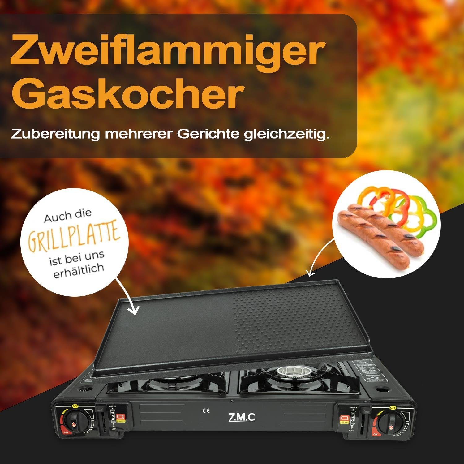 ZMC Gaskocher Tischgrill Kochfeld 2in1 Platte mit Flammig Gasbrenner Outdoor + Kocher Campingkocher (mit Butangas Butan Piezozündung Grill LPG Wärmeleistung: 227g, Doppel Gas Camping Gaskocher Anschluß 16x Gaskartuschen 2 mit Herd 2,3KW), Gasgrill Grillplatte Gas