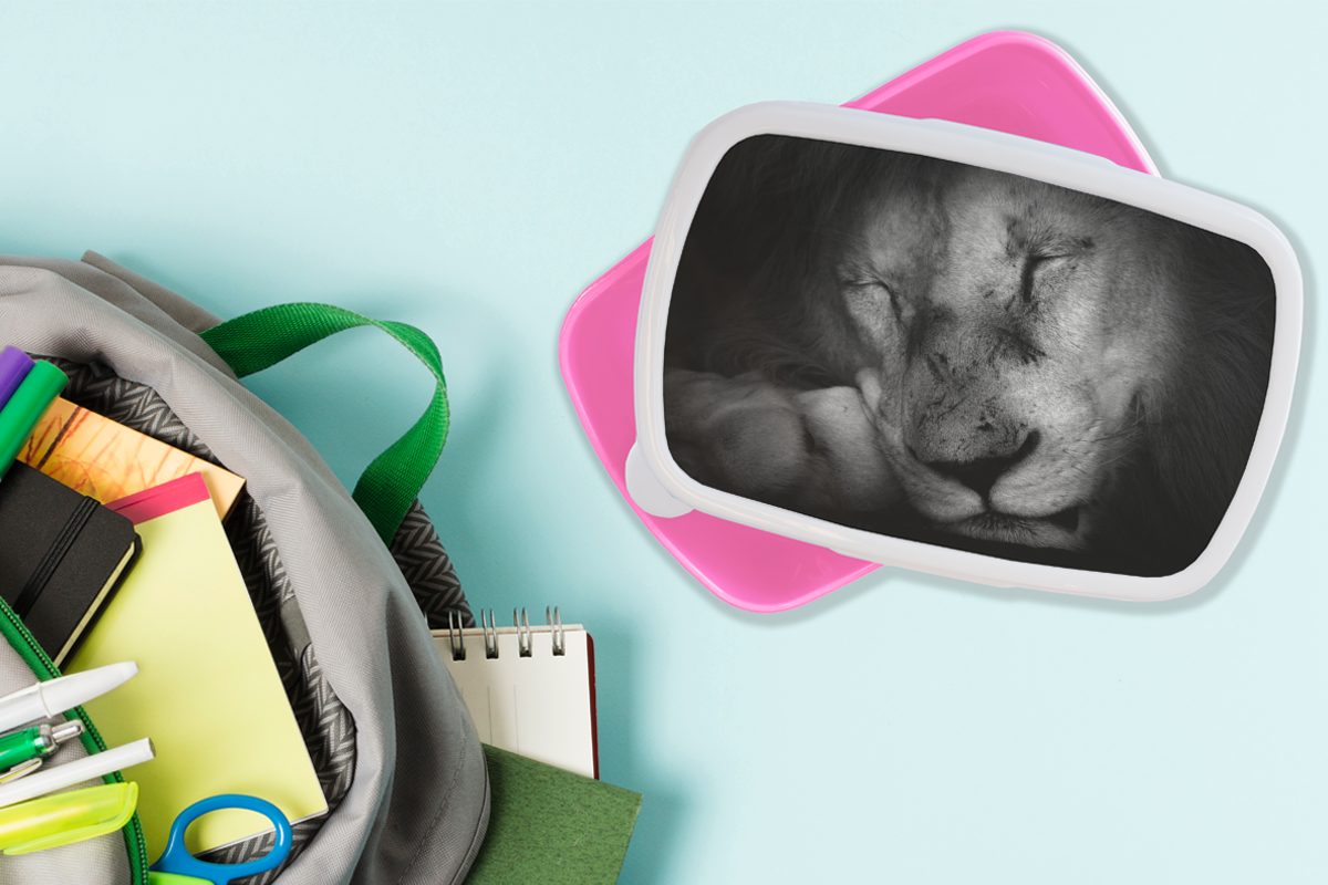 MuchoWow Lunchbox Tierprofil Mädchen, schlafender weiß, Snackbox, und Löwe Brotdose Kunststoff rosa Brotbox für (2-tlg), Erwachsene, Kinder, in schwarz Kunststoff