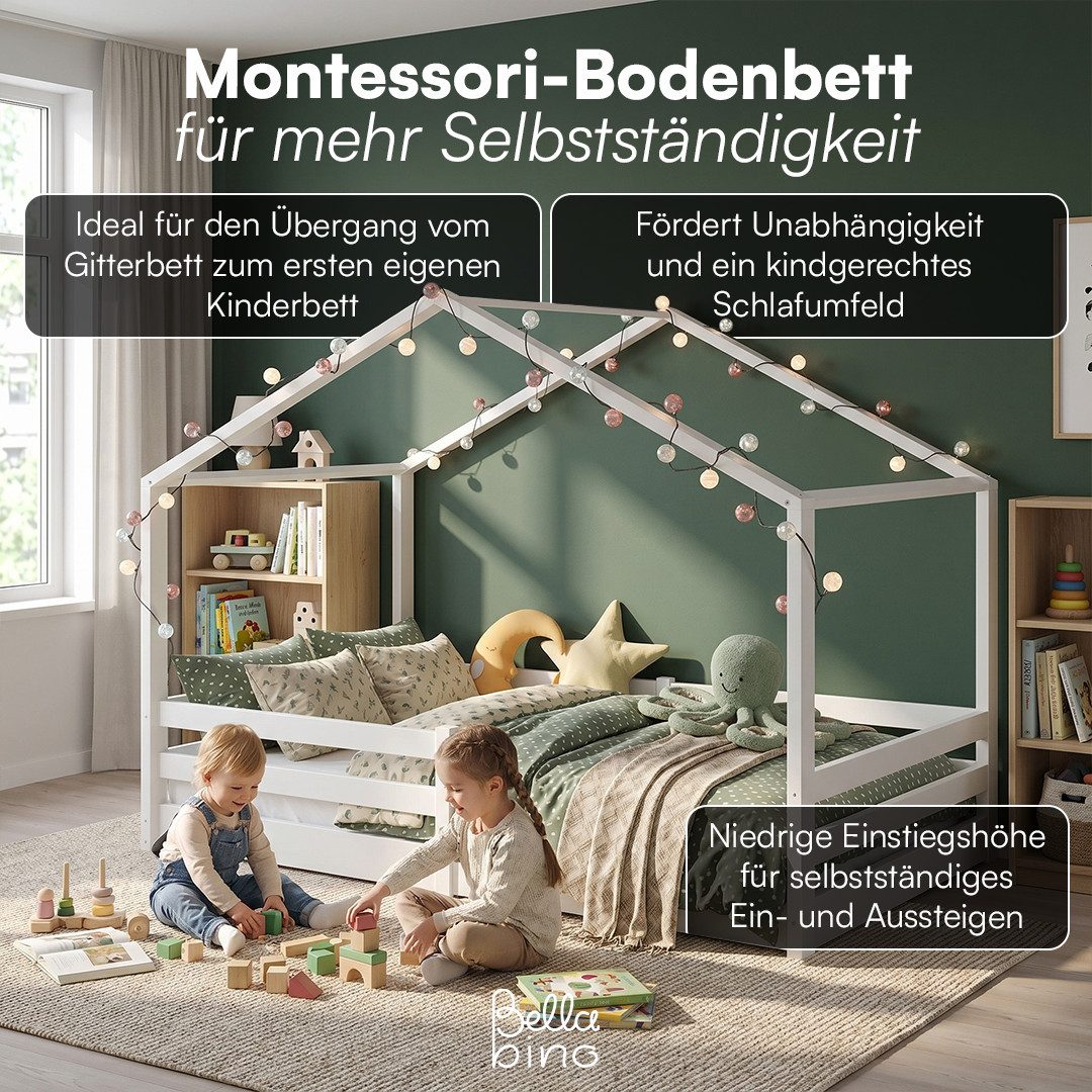 Bellabino Hausbett Abia Kinderbett mit Lattenrost und Rausfallschutz (weiß, optional mit Matratze), Bodenbett 120x200 cm, verfügbar in verschiedenen Ausführungen
