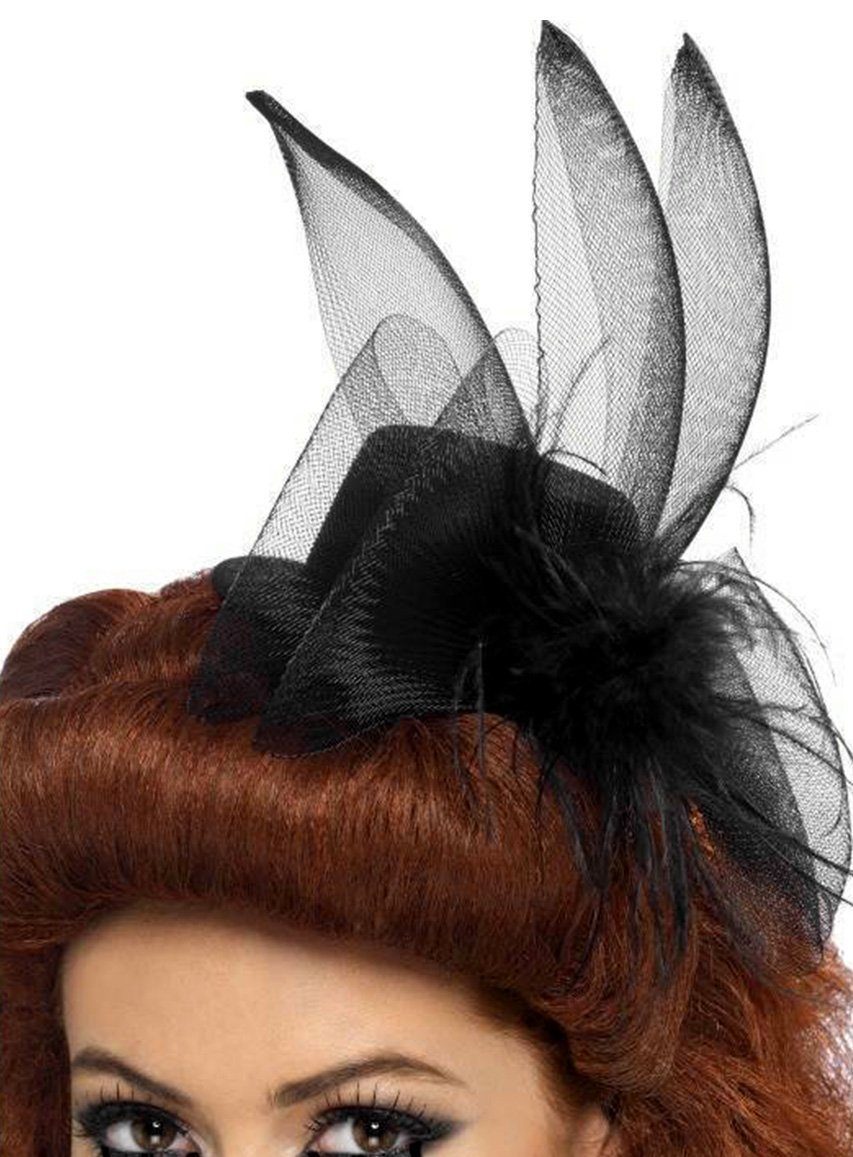 Smiffys Kostüm Fascinator Minihut Schwarz Orchidee für Mottoparty, Kleiner Zylinderhut im Orchideen-Look