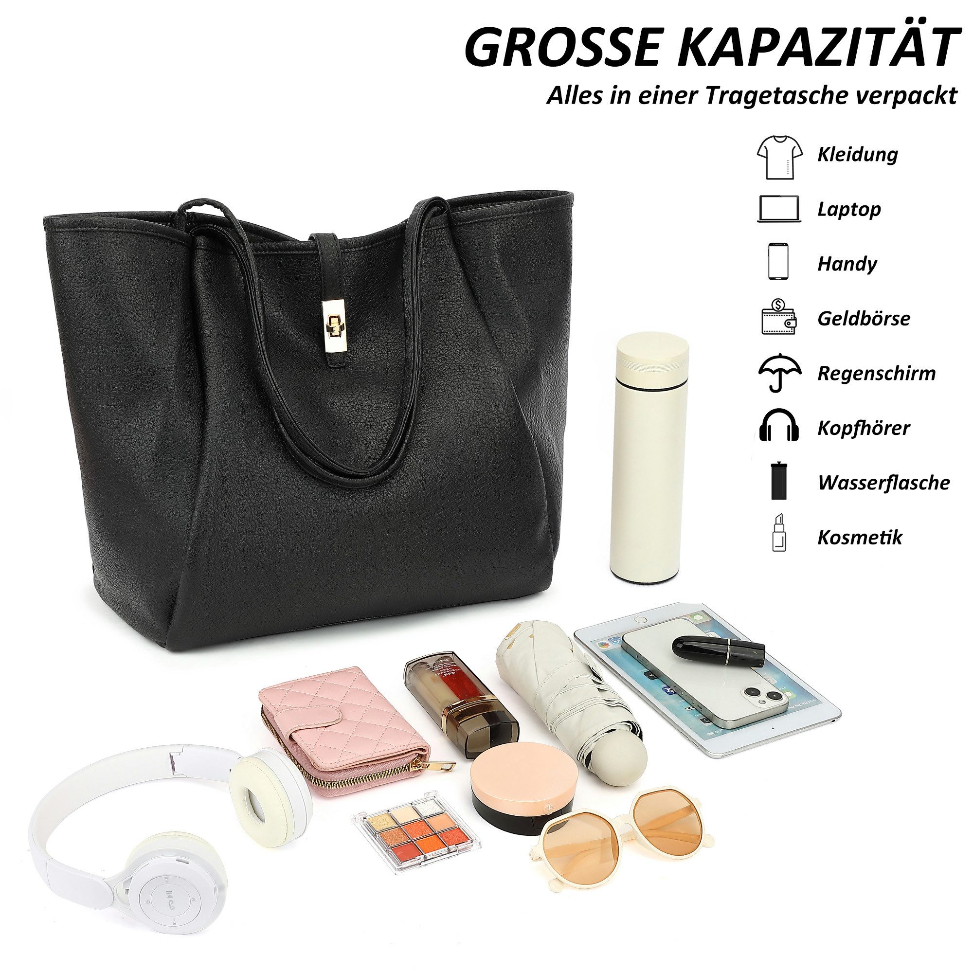 TAN.TOMI Schultertasche Damen Umhängetasche PU Leder Tote Shopper Bag Reise Geldbörse, Mit Drehverschluss und Innentasche für Arbeit, Schule, Einkauf