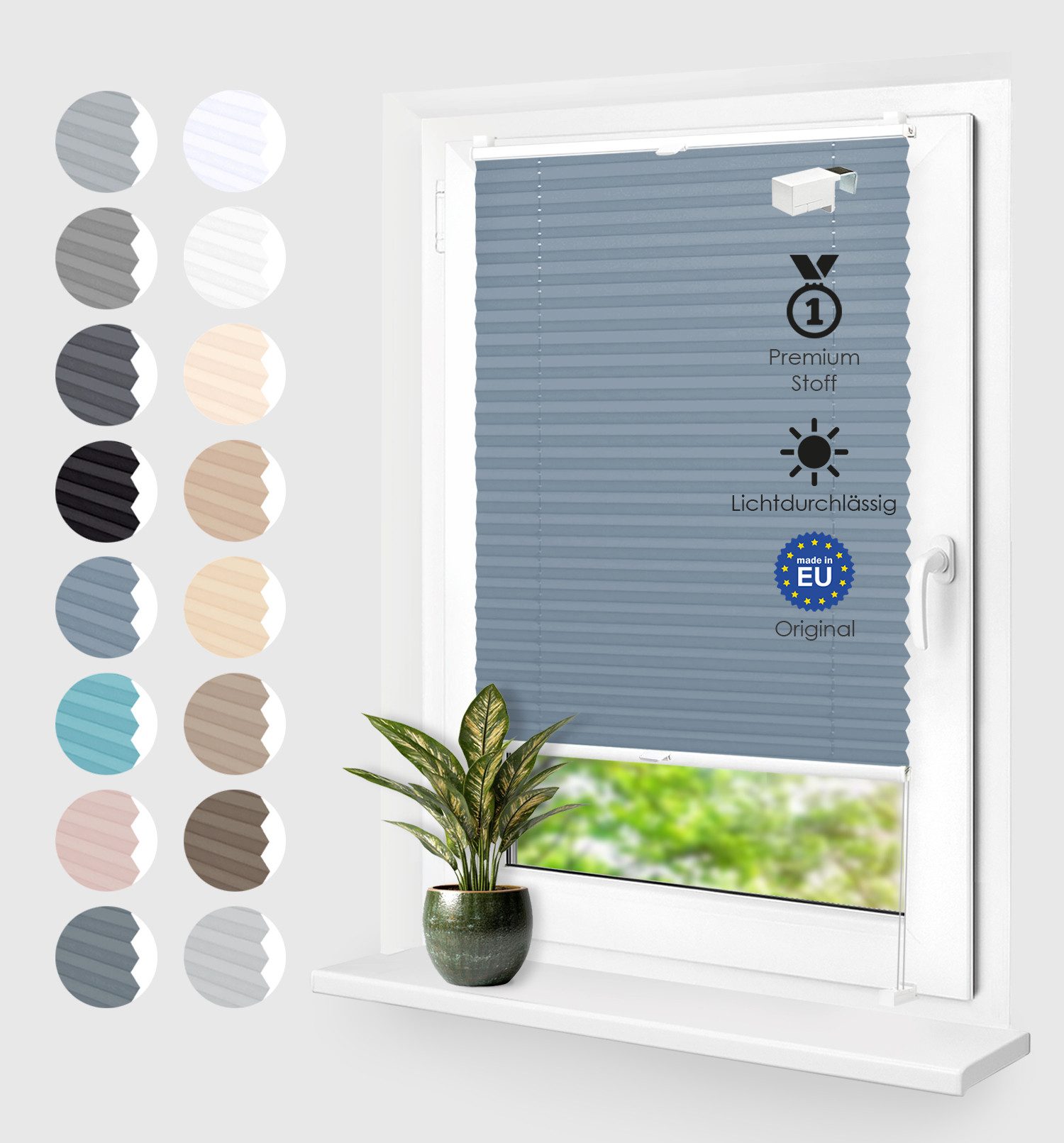 Rikmani Plissee Klemmfix ohne Bohren Blau 40x100 cm, blickdicht, Klemmfix, Sichtschutz, Sonnenschutz, einfache Montage, Stufenlos verstellbar