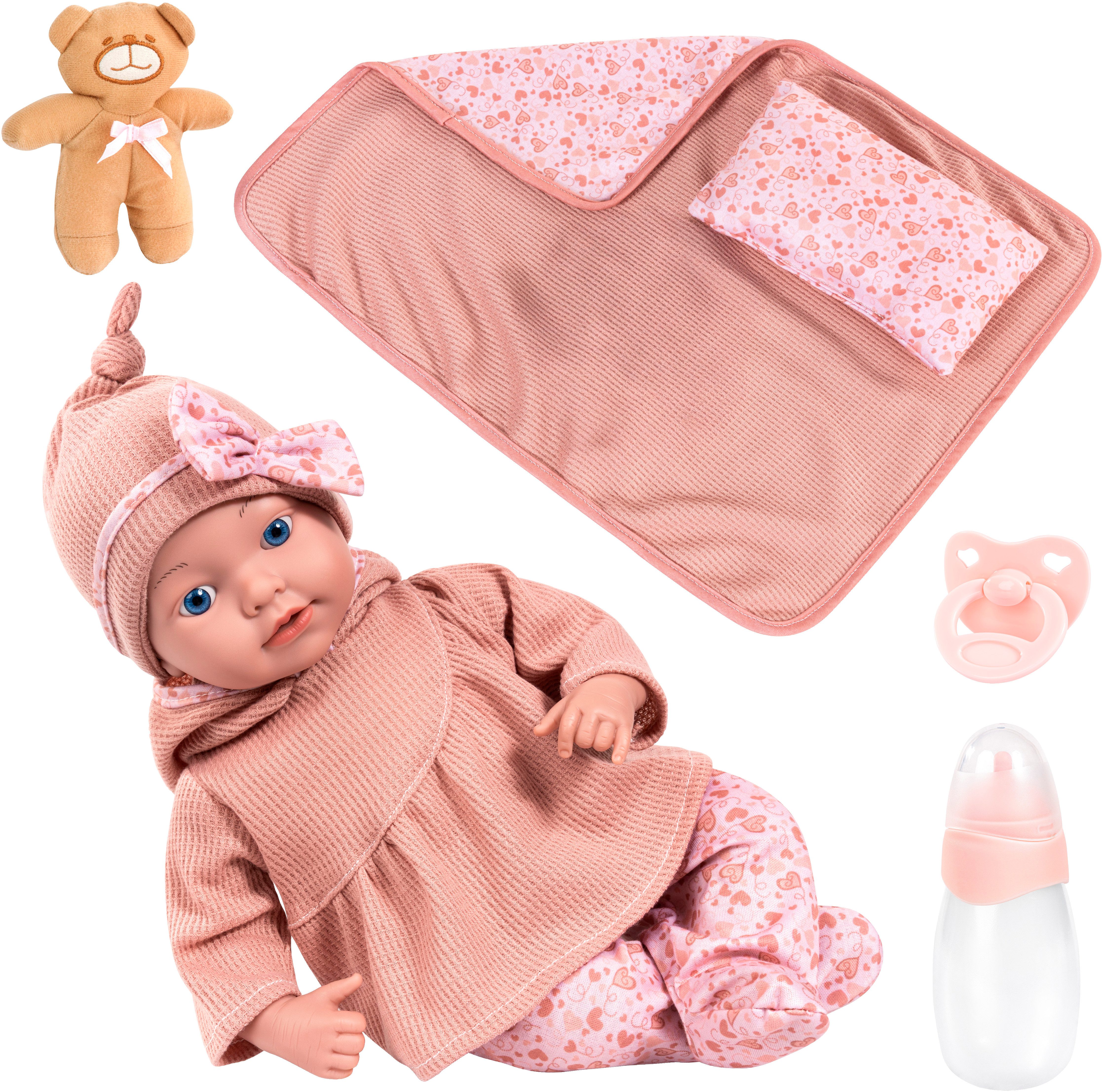 Bayer Babypuppe Reborn 38 cm Set braun, sieht aus wie ein echtes Baby