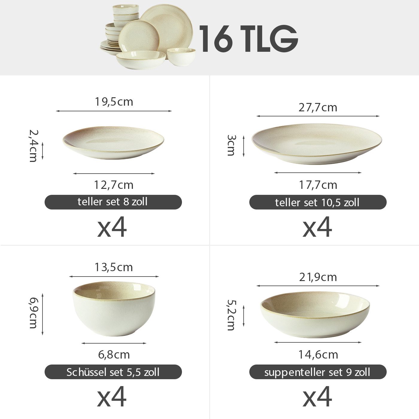 JIWOO Geschirr-Set 16er Kombiservice Teller-Set Tafelservice Schüssel-Set Speiseteller (16-tlg), 4 Personen, Keramik, Hochwertiges Geschirr set Blau Mikrowellen spülmaschinenfest