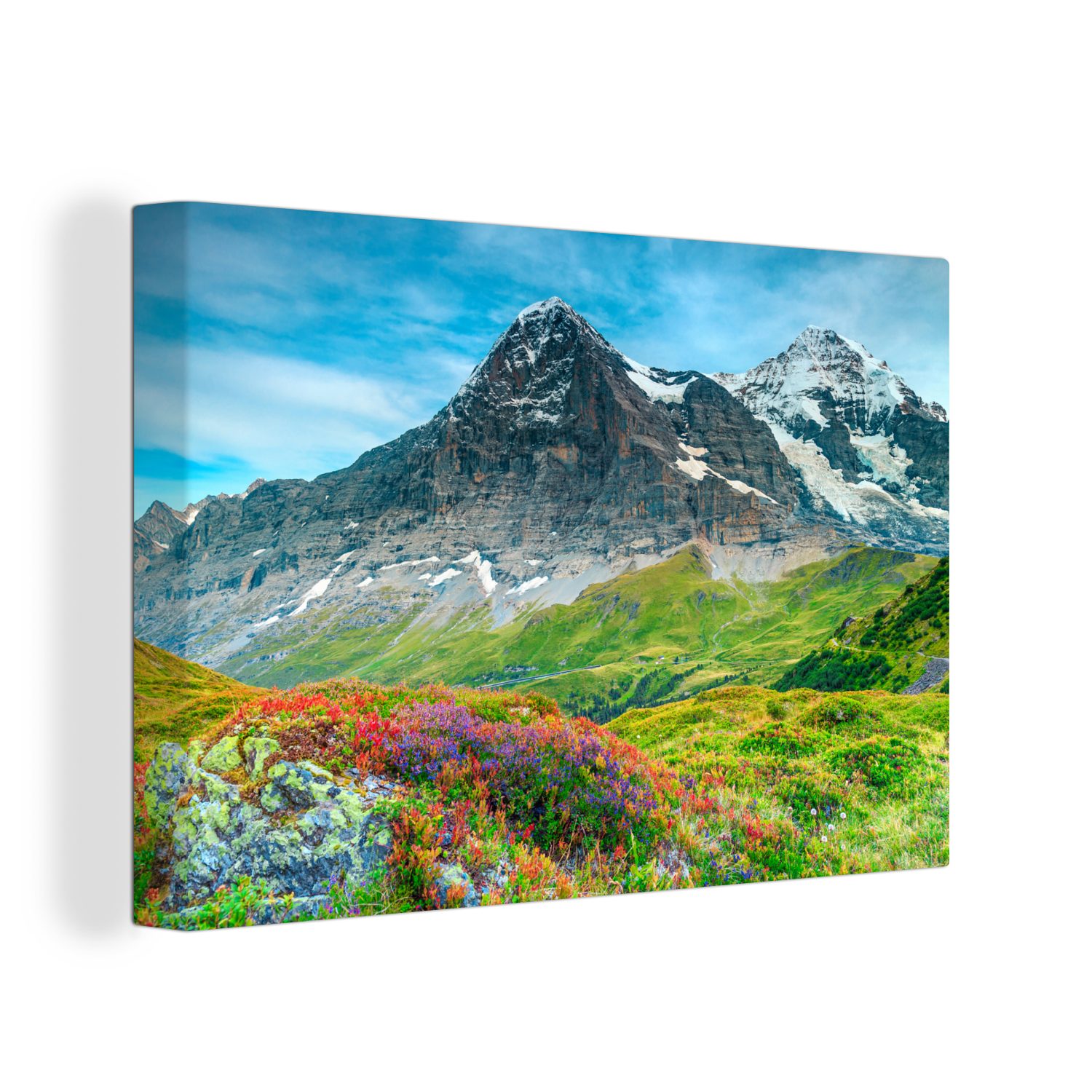 OneMillionCanvasses® Leinwandbild Blumenwiese in den Schweizer Alpen, (1 St), Wandbild Leinwandbilder, Aufhängefertig, Wanddeko, 30x20 cm