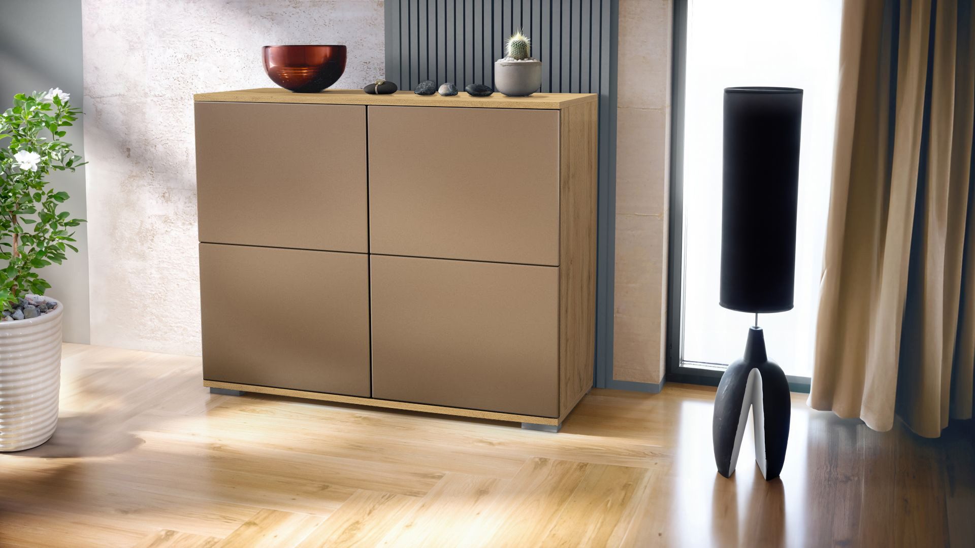 Vladon Kommode Rova V3 (Moderner Küchenschrank, mit 4 Push-to-Open Türen), Eiche Evoke / Bronze Optik (92,5 x 75.5 x 35)