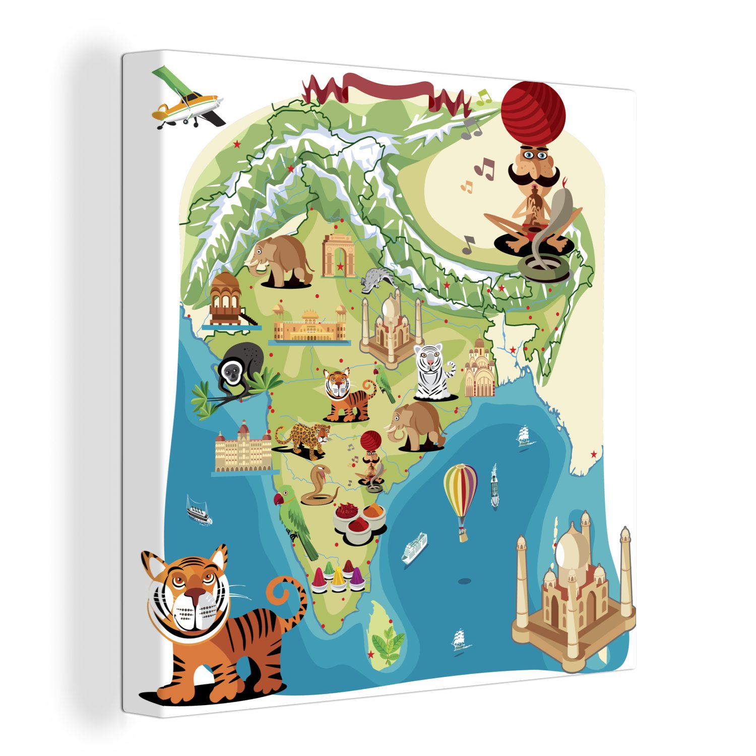 OneMillionCanvasses® Leinwandbild Eine Illustration der Karte Indiens im Cartoon-Stil, (1 St), Leinwand Bilder für Wohnzimmer Schlafzimmer