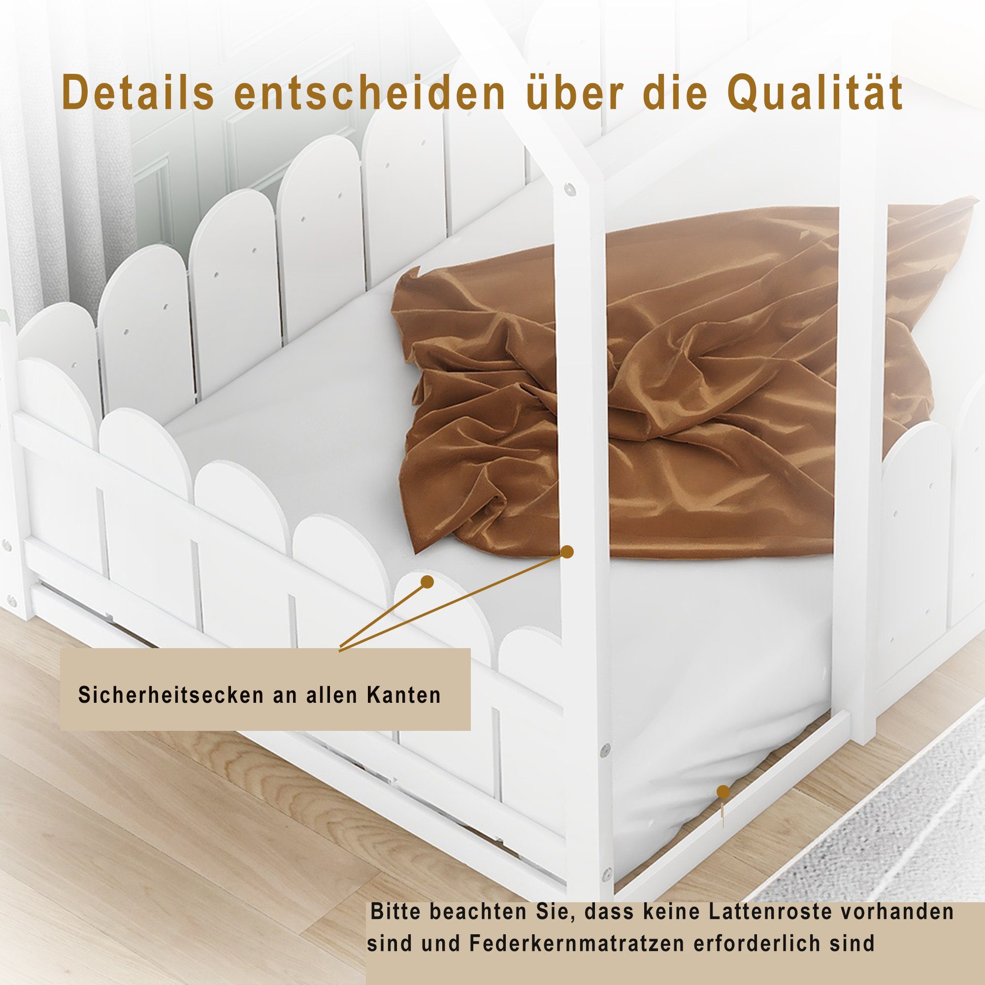 Kinderbett (Spielbett), 80x160 cm Hausbett für Kinder, Mädchen & Jungen, massivem Kiefernholz