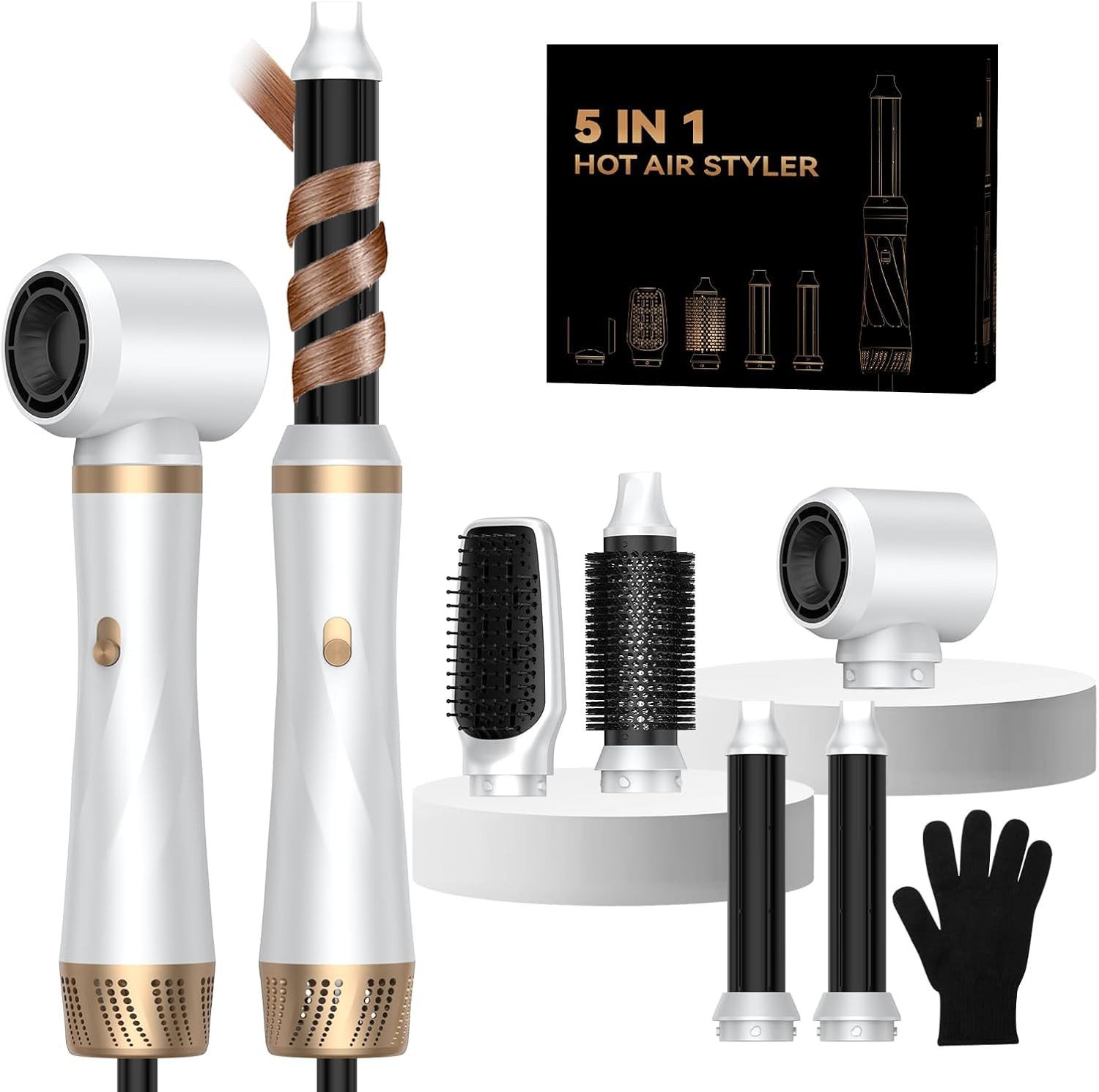 UKLISS Multihaarstyler 5-in-1 Haarstyler, Rundbürste, Haartrockner, Lockenstab und Glätteisen, 3 Temperaturstufen für Volumen, Glätten, Locken und Föhnfrisuren
