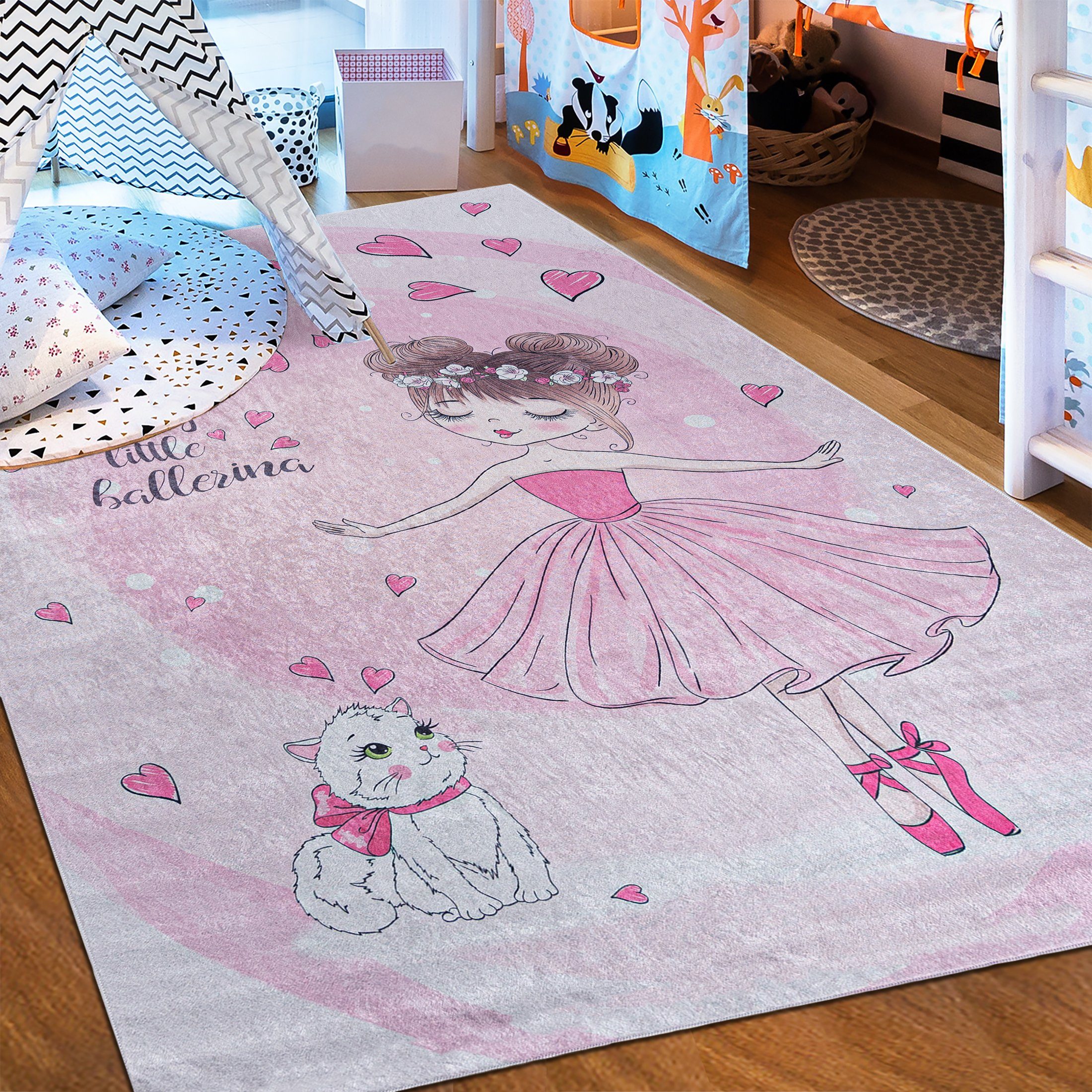 Kinderteppich Kinderteppich Kinderzimmerteppich Ballett Ballerina, Mazovia, 80 x 150 cm, Kurflor, Waschbar in Waschmaschine, Höhe 5 mm, Rutschfest Rosa Pink / 2161