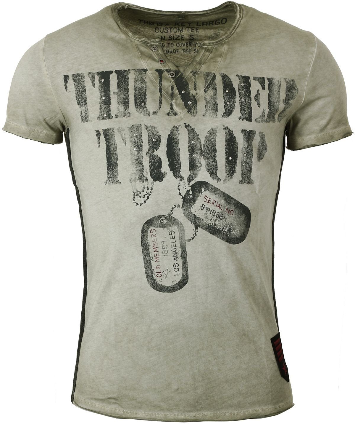 V-Auschnitt Look Grün Motiv Print Herren für Largo Army Thunder Troop T-Shirt kurzarm bedruckt Key vintage MT00114 slim fit button