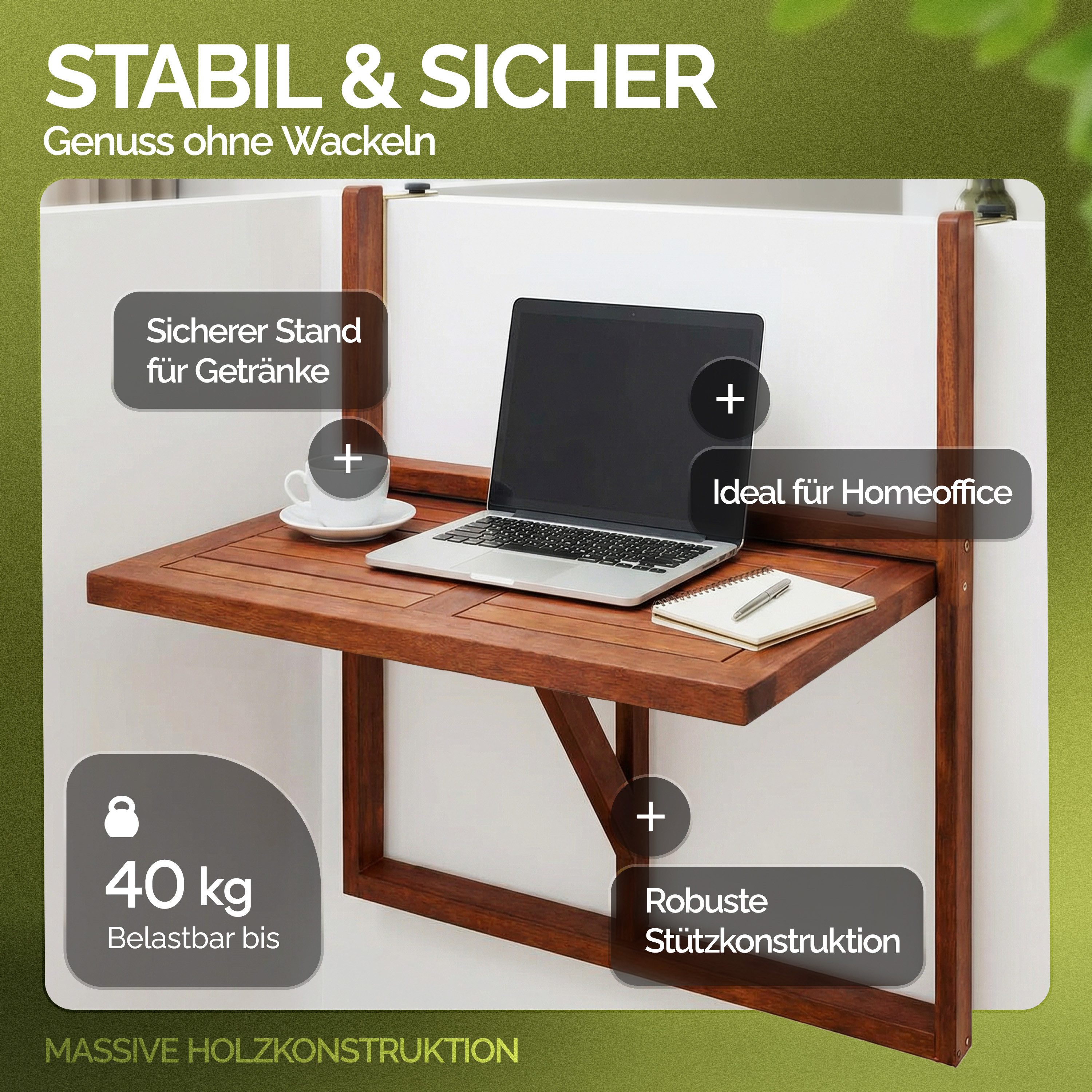 Casaria Balkonhängetisch Akazie (1-St), klappbar Holz FSC®-zertifiziert 40kg Belastbar Balkon Geländer Akazie – Bild 4 von 5