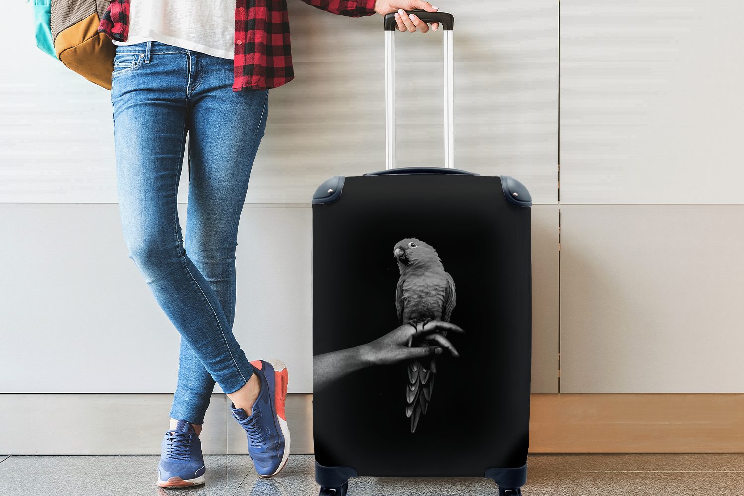 MuchoWow Handgepäck Rollen, schwarzen schwarz 4 mit Reisekoffer einem Hand rollen, Papagei Handgepäckkoffer einer für Trolley, auf Hintergrund vor Ferien, und, Reisetasche -