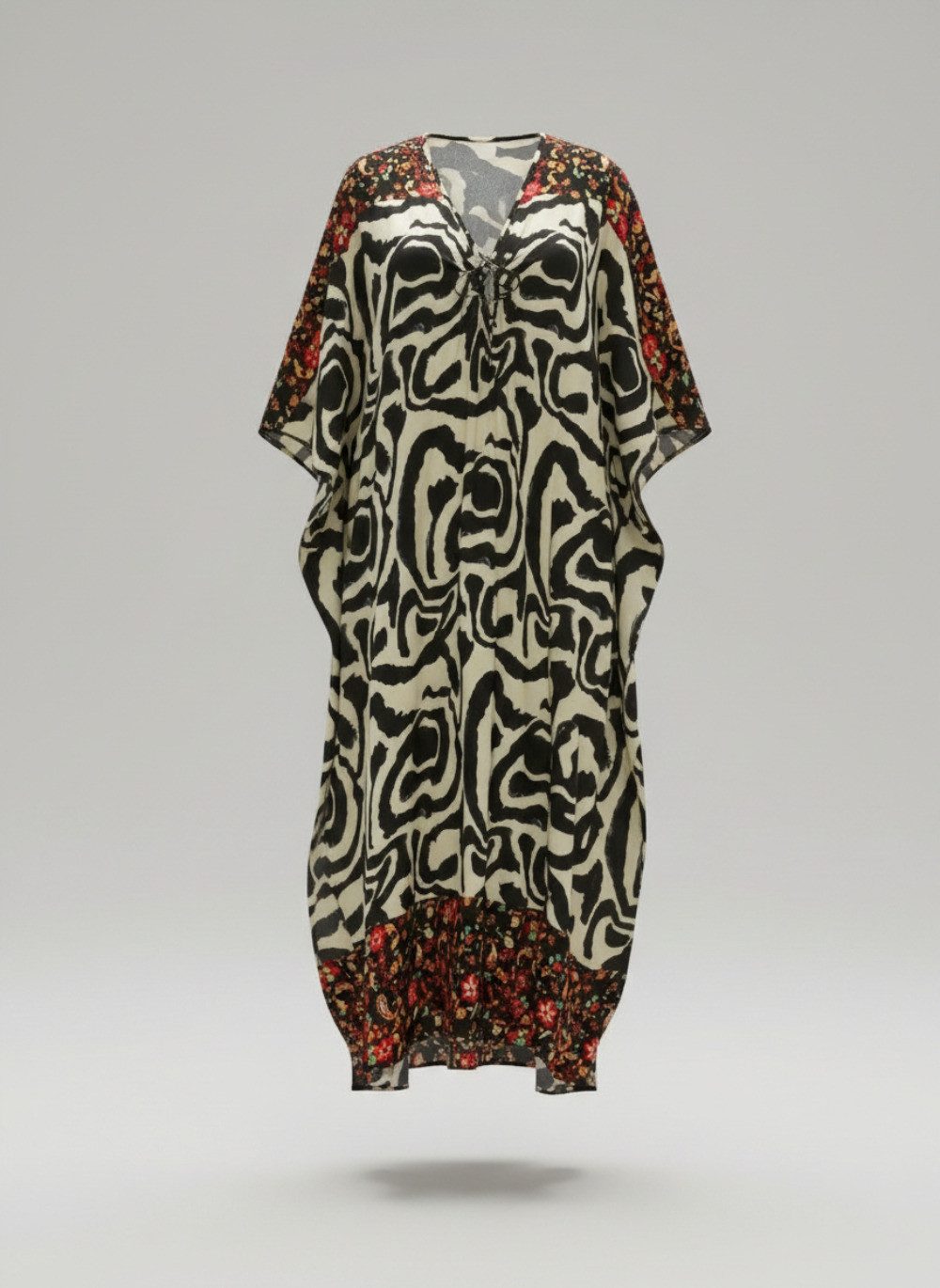 Lovolotti Strandkleid Damen Maxikleid aus Viskose – Luftiger Kaftan mit Ethno-Print V-Ausschnitt und 3/4-Ärmeln für Strand und Urlaub