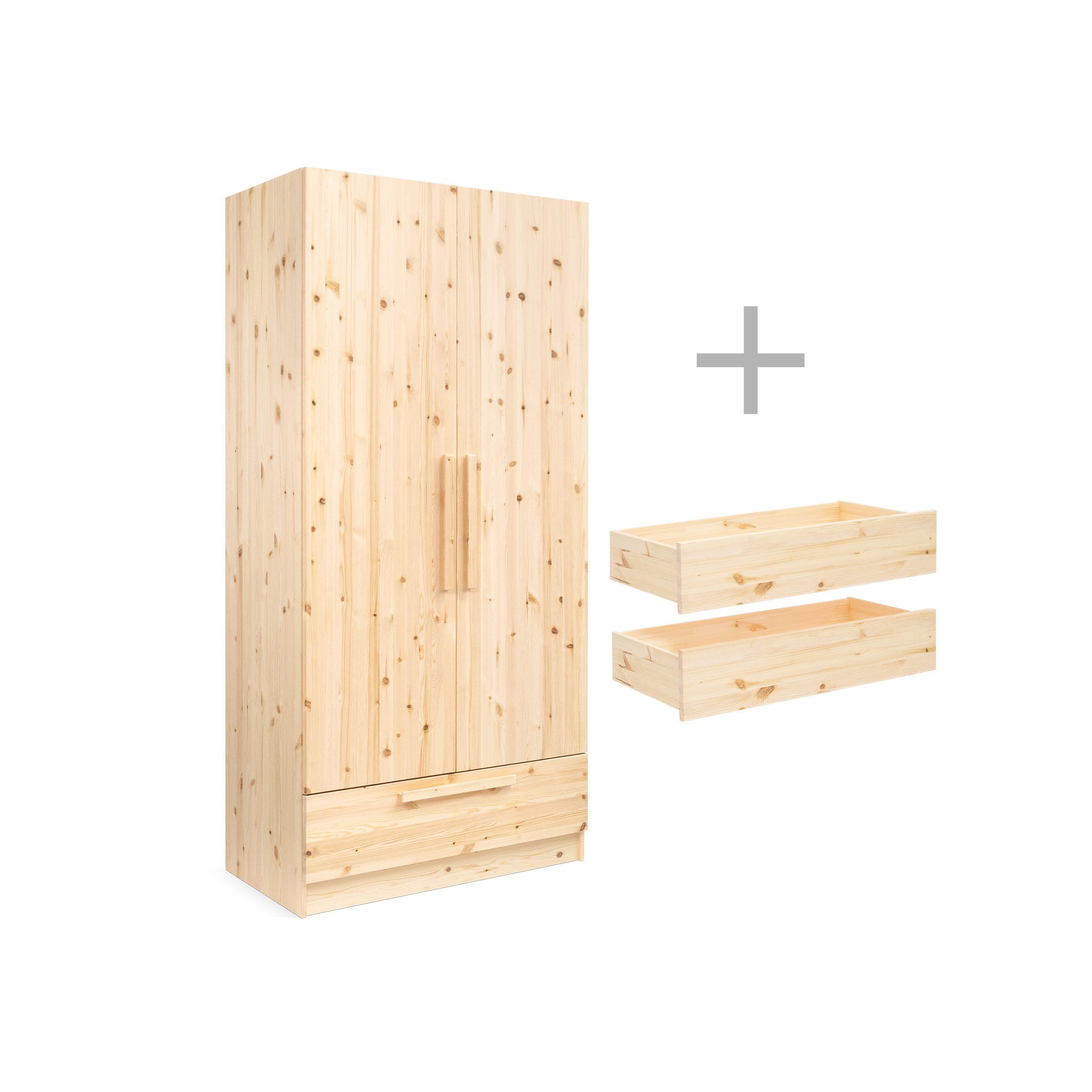 Ehrenkind Kleiderschrank Linia 100 cm aus Kiefernholz (inkl. Kleiderstange, 2 Einlegeböden, Schublade und 2 Innenschubladen, mehrstufige Stauraumlösung für Kleidung und Accessoires) flexible Innenaufteilung durch variables Rastersystem