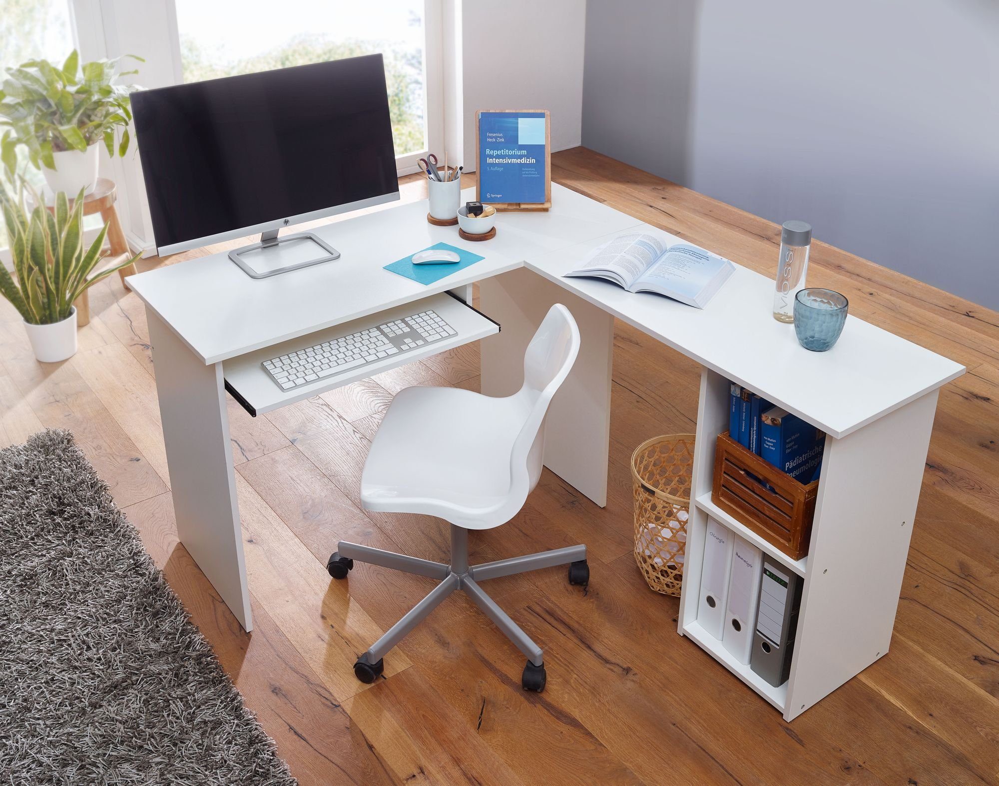 KADIMA DESIGN Schreibtisch Computertischkombi Weiß & cm: mit Tastaturauszug | Weiß ITTER Weiß Standregal 140 