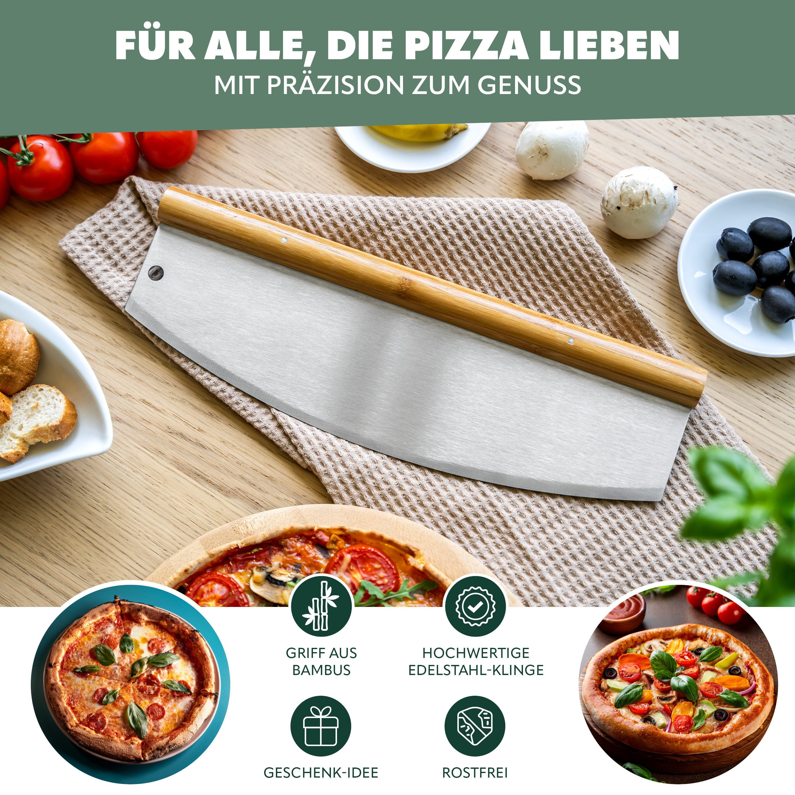 bremermann Pizzaschneider Pizzaschneider, Wiegemesser mit Holzgriff, Pizzamesser, inkl. Loch zum Aufhängen
