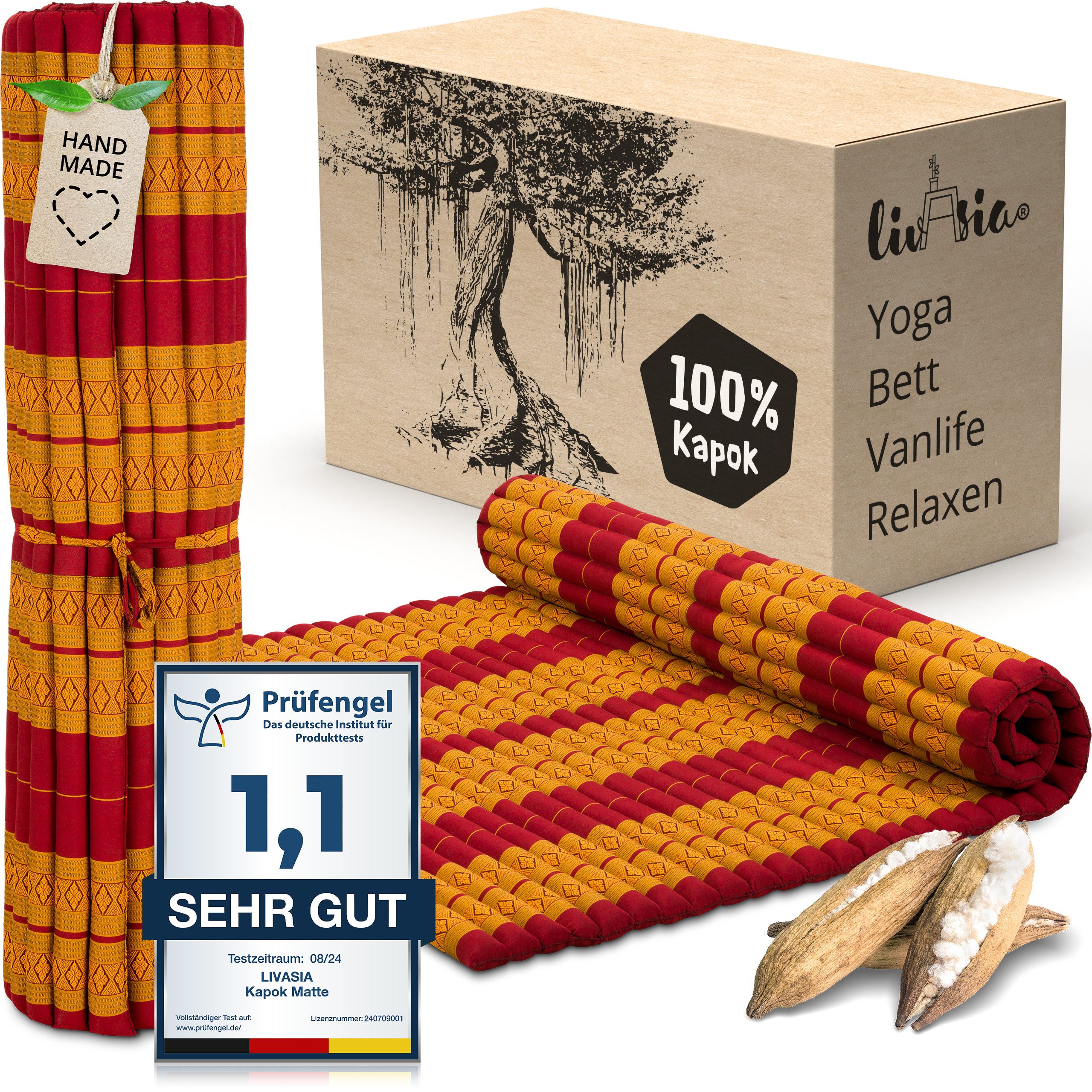 Reisebett-Matratzen Rollmatte 145 cm breit, vegan und handgefertigt, 205x145x4,5cm, livasia, 4.5 cm hoch, Kapok