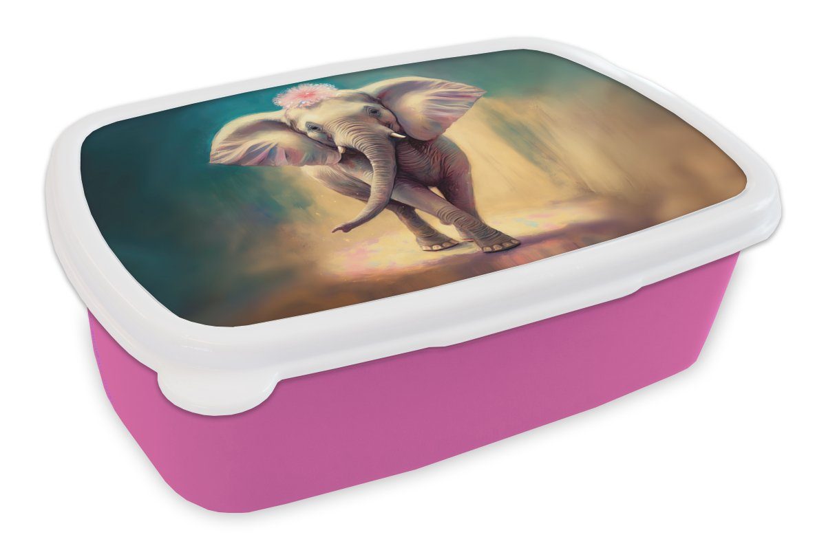 MuchoWow Lunchbox Elefant - Tiere - Malen - Blumen - Porträt - Kinder, Kunststoff, (2-tlg), Brotbox für Erwachsene, Brotdose Kinder, Snackbox, Mädchen, Kunststoff rosa