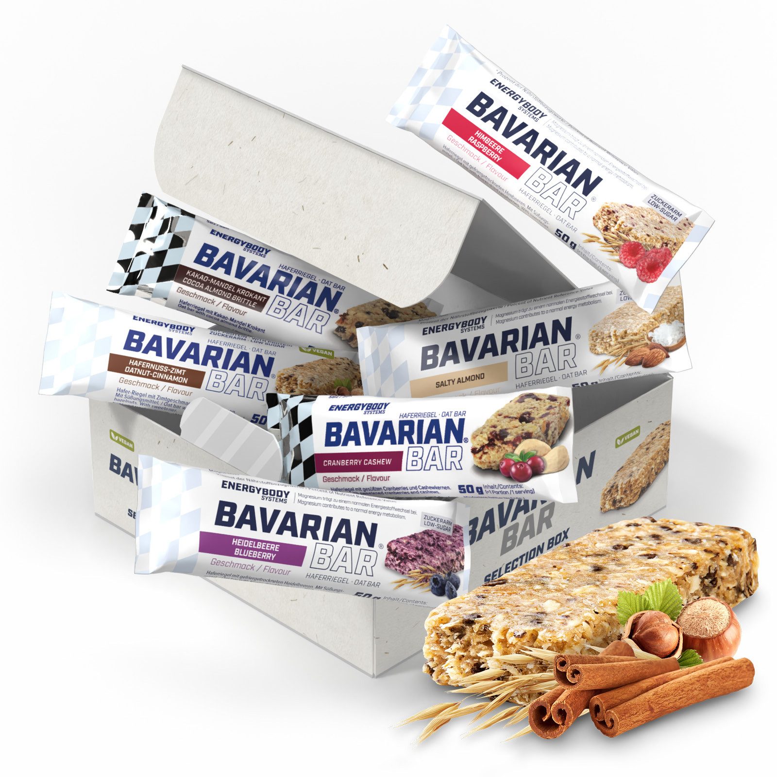 Energybody Systems Bavarian Bar Haferriegel Energieriegel Selection Box Mixbox Riegel, 12 er, Klebt, schmilzt und bröselt nicht, 12 x 50 g