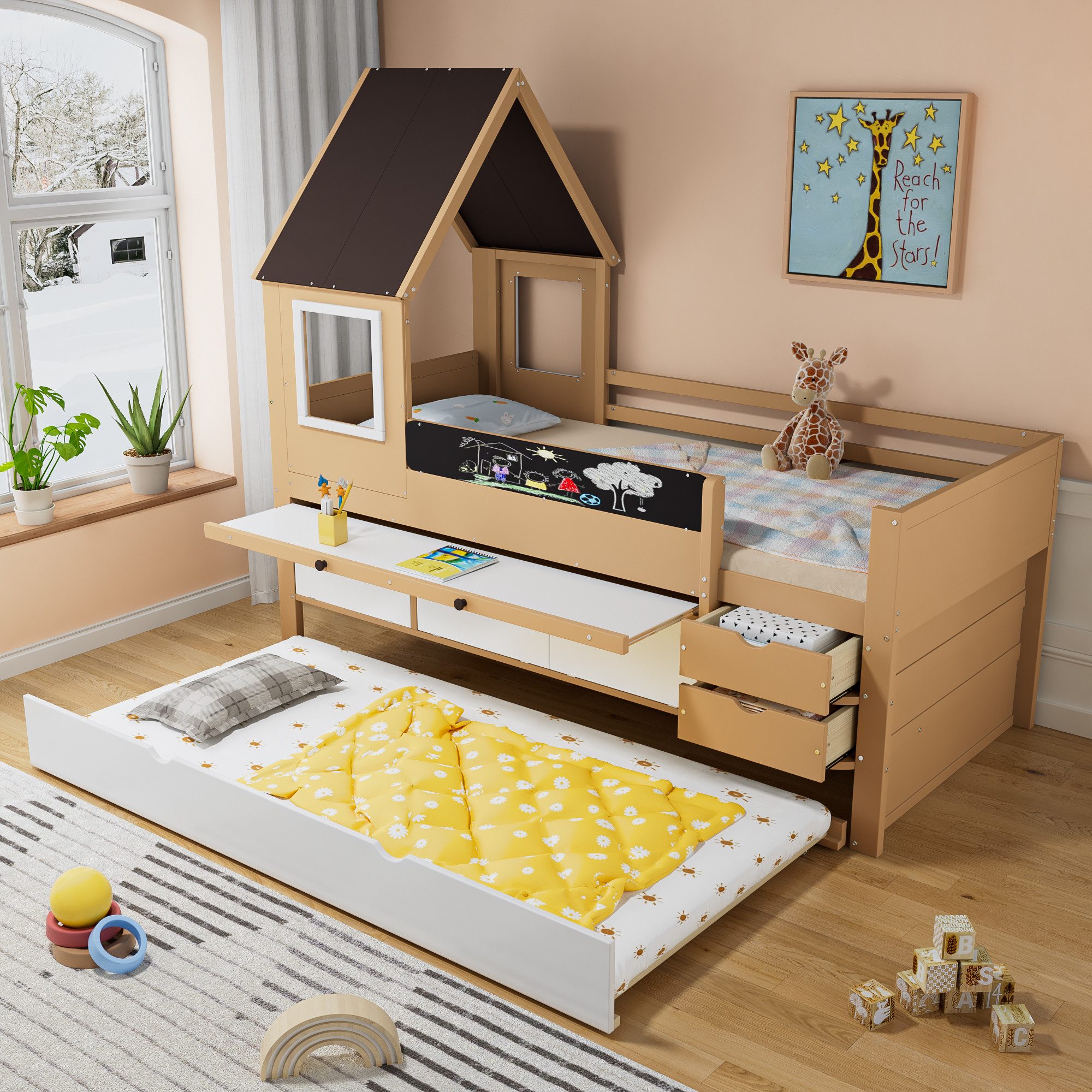 Kinderbett 90x200 mit matratze und rausfallschutz,Bettgestell mit schublade