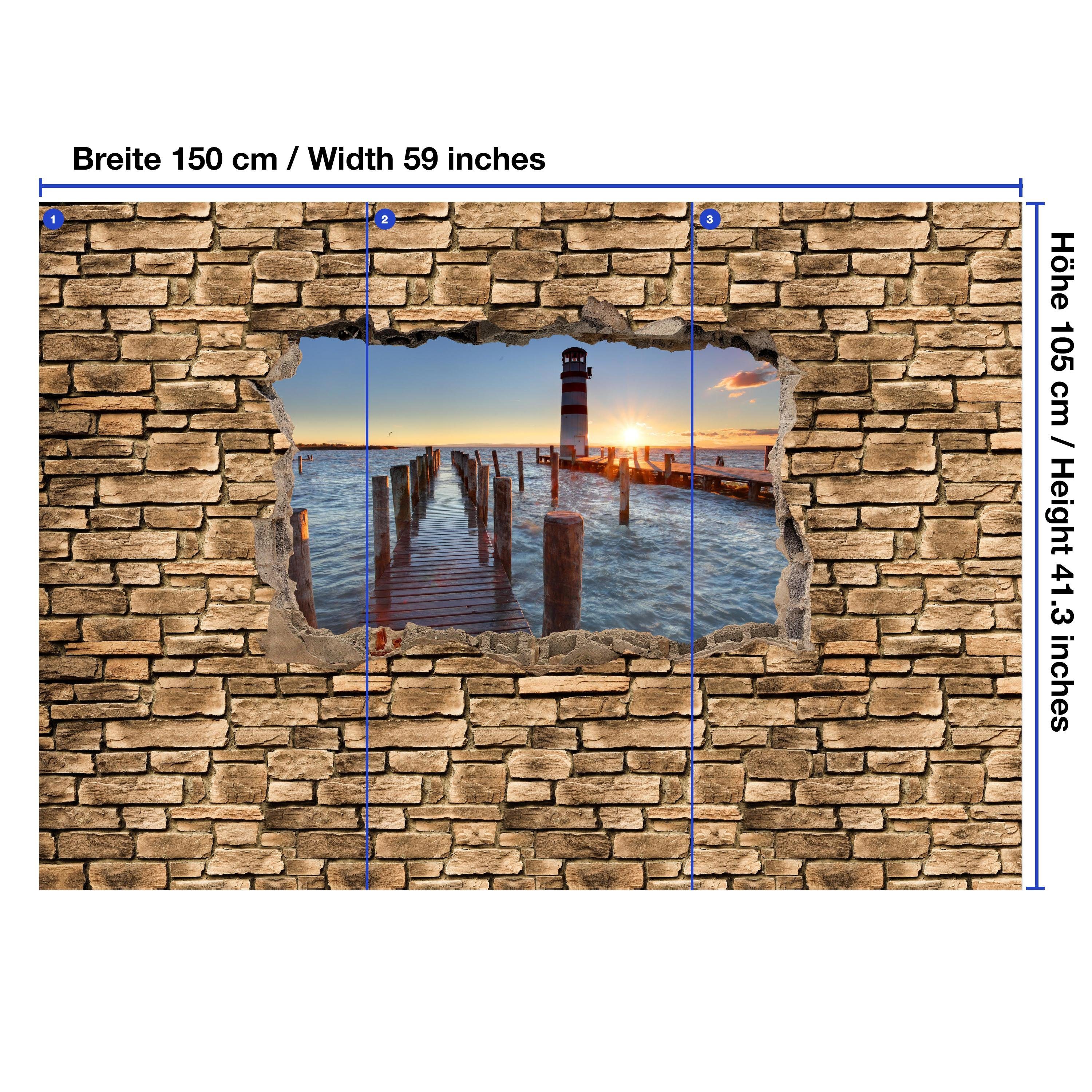 Leuchtturm Steinmauer, glatt, - Pier Fototapete 3D Motivtapete, matt, mit Vliestapete wandmotiv24 Wandtapete,